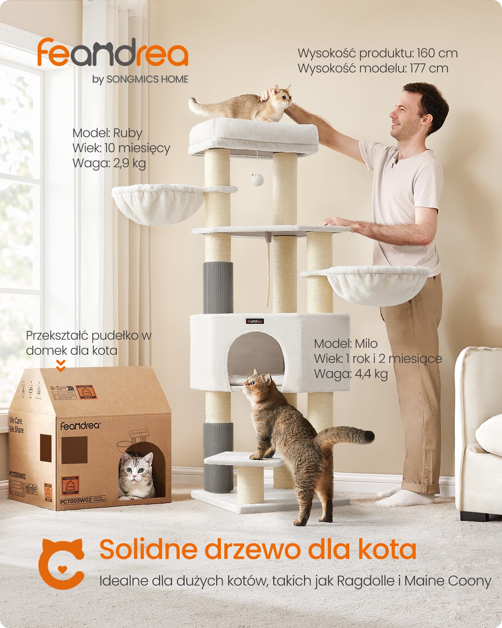 Feandrea Drzewko dla kota z ciepłymi kocami, dla dużych kotów, 2 szczotki kotów, grubość pnia 11,1 cm, duże platformy, jaskinia, 50 x 50 x 160 cm, kremowo-biało-beżowy PCT003W02