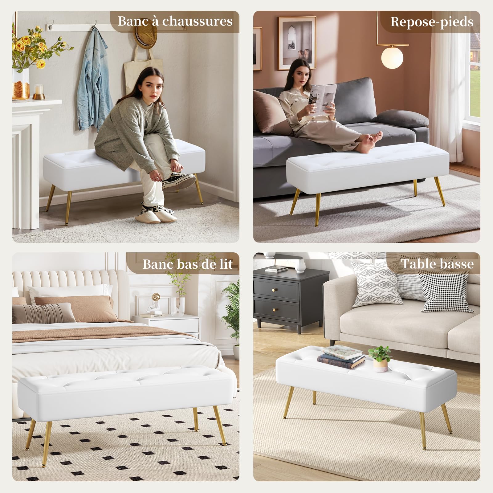 Banc Bout de Lit Banquette, Banc d' Entrée Capitonnée Assise Rembourré en Cuir PU 113.5x36.5x43cm avec Pieds en Métal pour Entrée Salon Chambre à Coucher, Blanc
