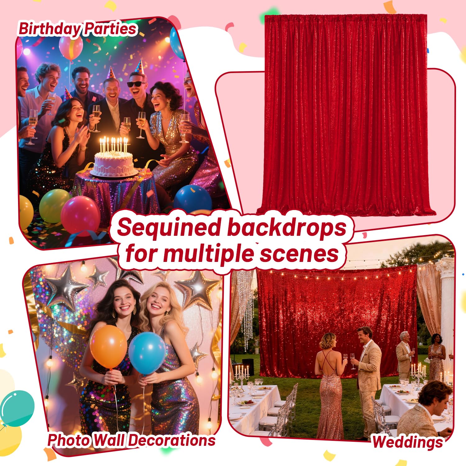Rouge Fond Photo Toile de Fond Photo à Paillettes 60 x 240 cm, Lot de 2 Fond Photo Fête pour Fête Mariages Photos Toile de Fond d’Anniversaire Décoration Scintillante de Fête