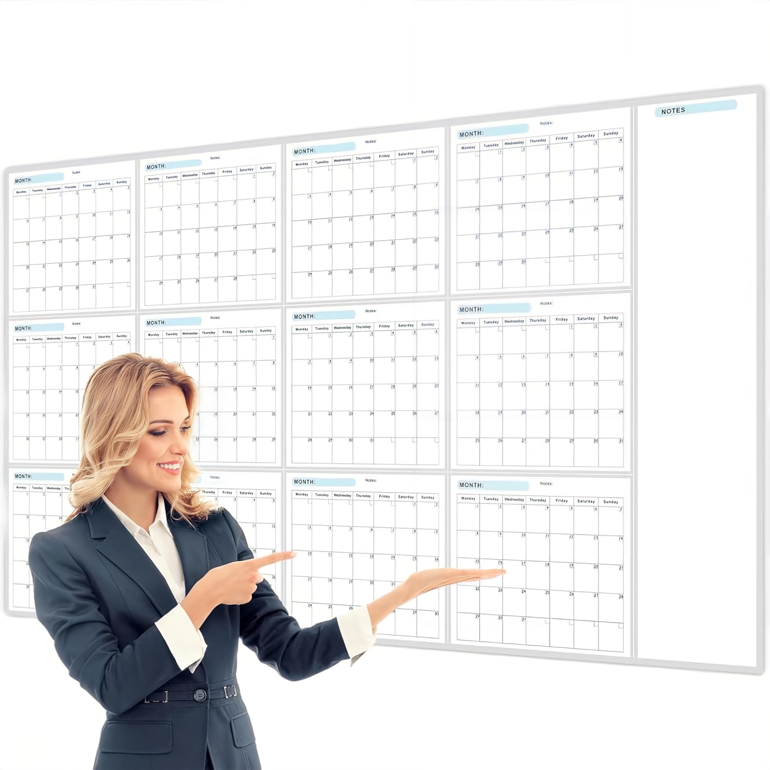 Large Dry Erase Calendar for Wall, Yearly Undated Whiteboard Calendar with Two Markers, 87cm x 148cm, Reusable Laminated Task Organizer with Great Layout, Great for Office, Classroom, Home