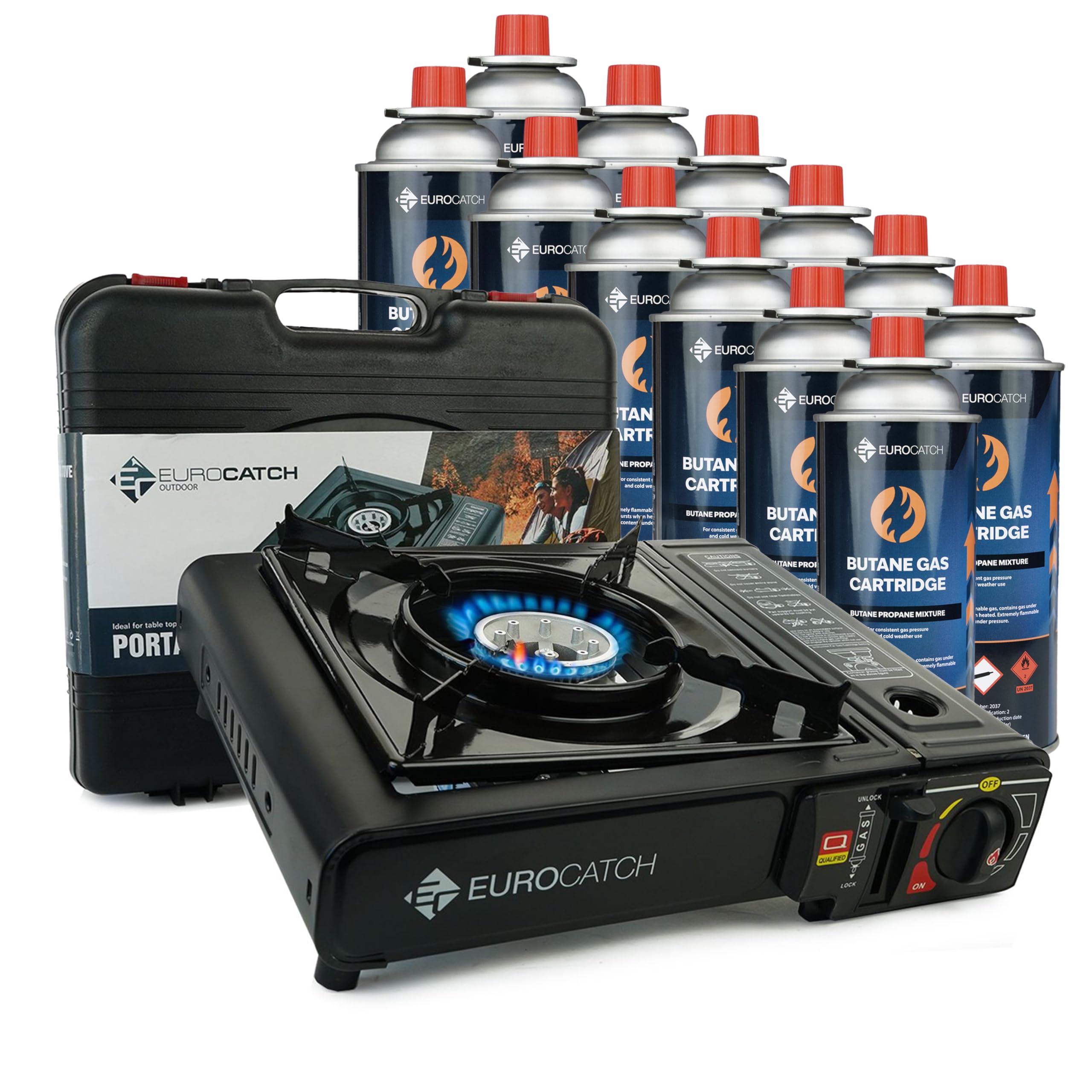 Eurocatch Gas Cooker - incl. 12 Gas Bottles - Gas Stove - Camping Cooker - Gas Burner - Gas hob - Gas Cooker - Carrying Case