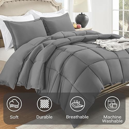 Miniatura 4 de Juego de edredón gris individualindividual XL (66 x 92 pulgadas)  2 piezas para todas las estaciones, juego de edredón individual alternativo para