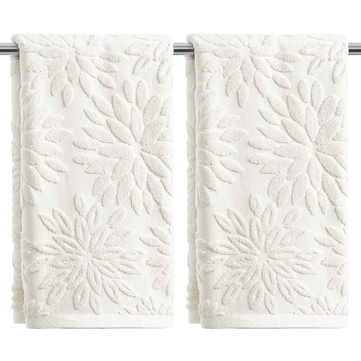Artoid Mode 2 Pcs White 3D Dahlia Floral Jacquard Hand Towels for Bathroom, 100% Cotton Soft Absorbent Bathroom Decor Towels, 13.7 x 29.5 Inch