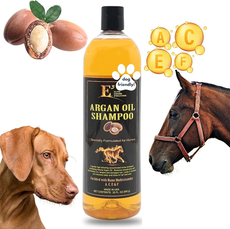 E3 Argan Oil Shampoo - Luxurious Pet Grooming Solution for Nourished & Rejuvenated Coat - Enriched with Hydrating Argan Oil for Lustrous Shine - Ideal for Horses - Deep Conditioning, Brown