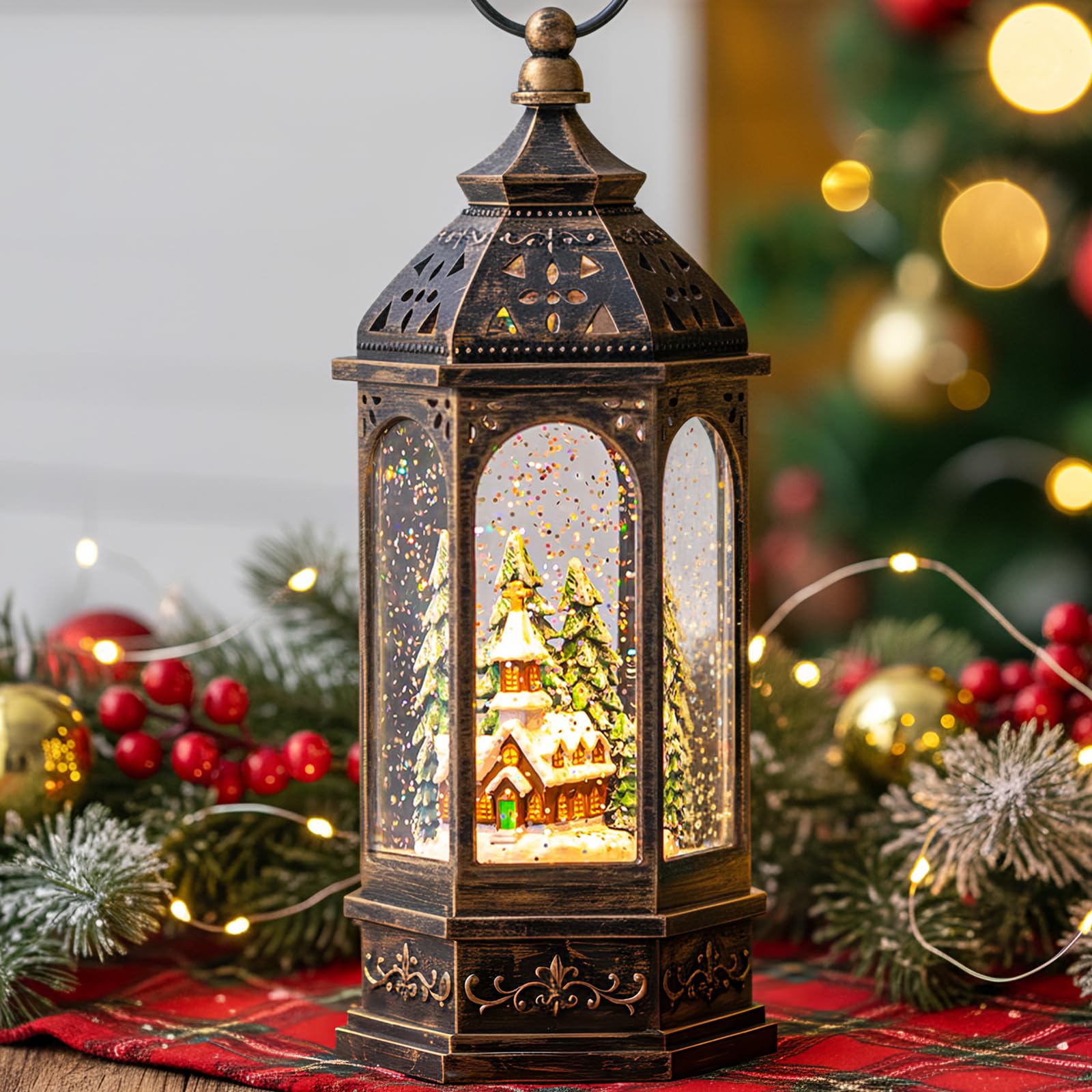 Christmas Snow Globe Lantern Lighted Holiday Village Church with Music&amp; Timer, USB Lined/Battery Operated Lighted Lantern for Christmas Festival Decoration Gifts