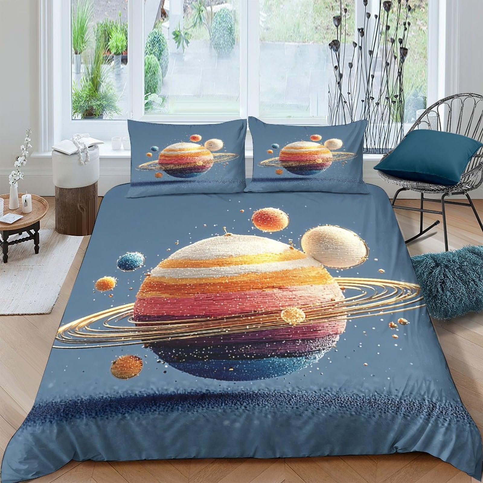 Ctjqhvkz Style-3 3D Printed Saturn Planet Fitted Sheet Microfiber Soft Blue Solar System Mattress Cover For Bedroom Dorm Decor Single（135X200cm）