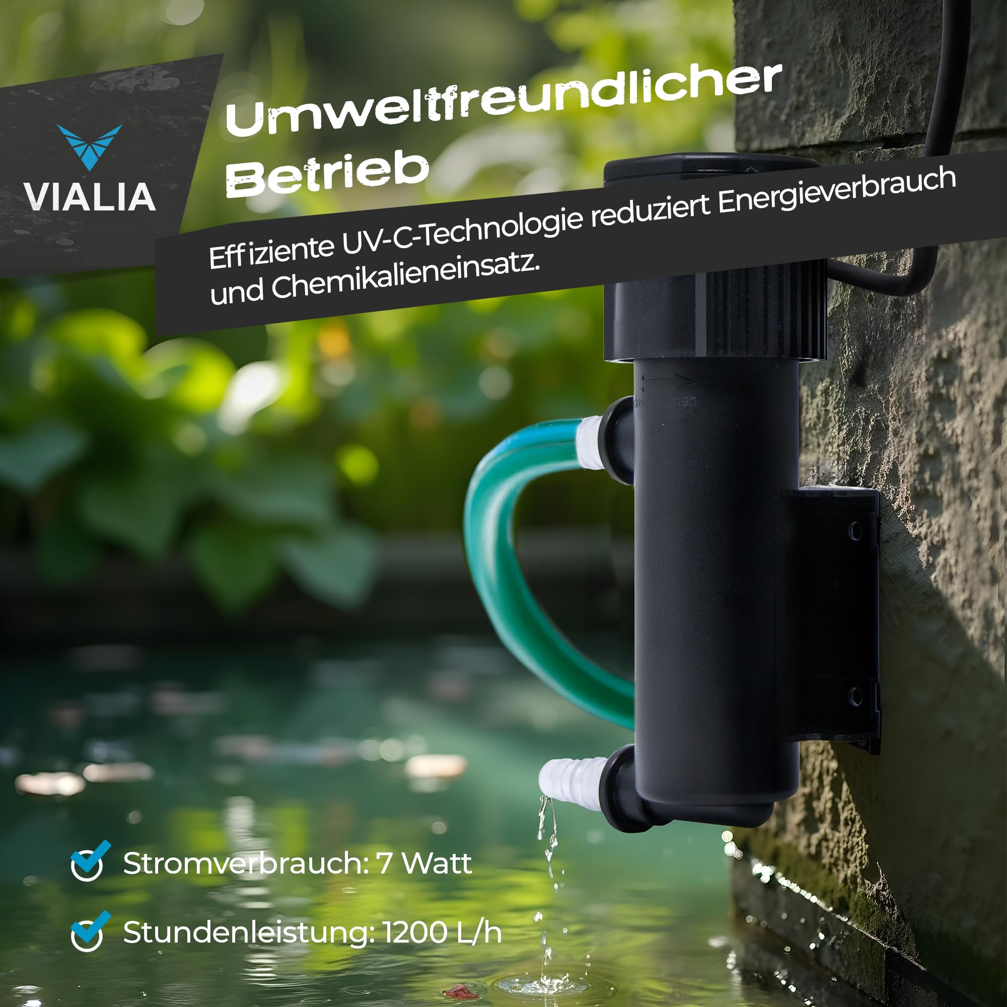 UVC Klärer, Modell: GUV-207, 7 Watt, 1.200 l/h, Teichklärer mit 2 Anschlüssen 20/25/32/40 mm, UV-Schauglas und Quick Lock-Anschluss, Teichfilter mit Pumpe für den Gartenteich