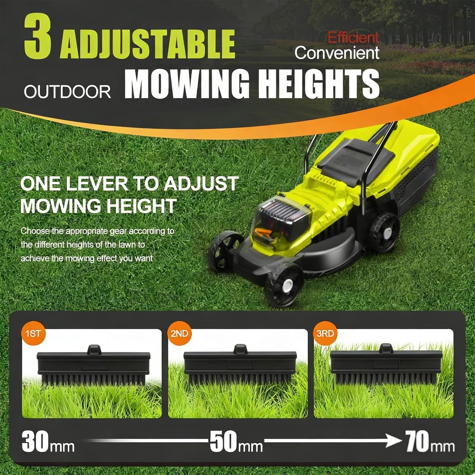 Cordless Electric Lawn Mower, 3400RPM, 1600W Power, 3-Position Cutting Height Adjustment, 33cm Cutting Width for Garden and Park Use
