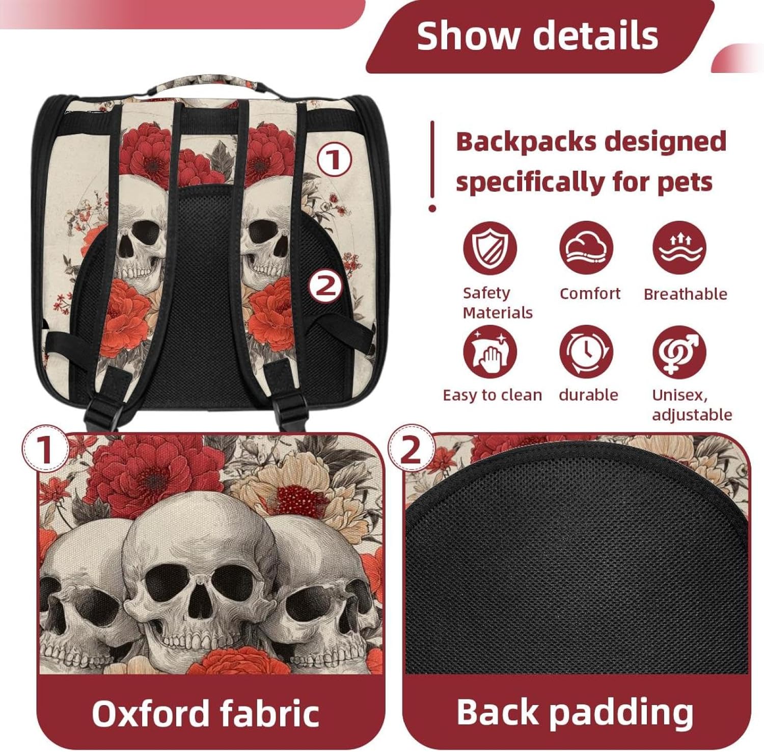 Skulls Flower (2) Pet Carrier Airline Approved Soft Sided Portable Cozy Travel Pet Bag, Car Seat Safe Carrier for Cats and Dogs