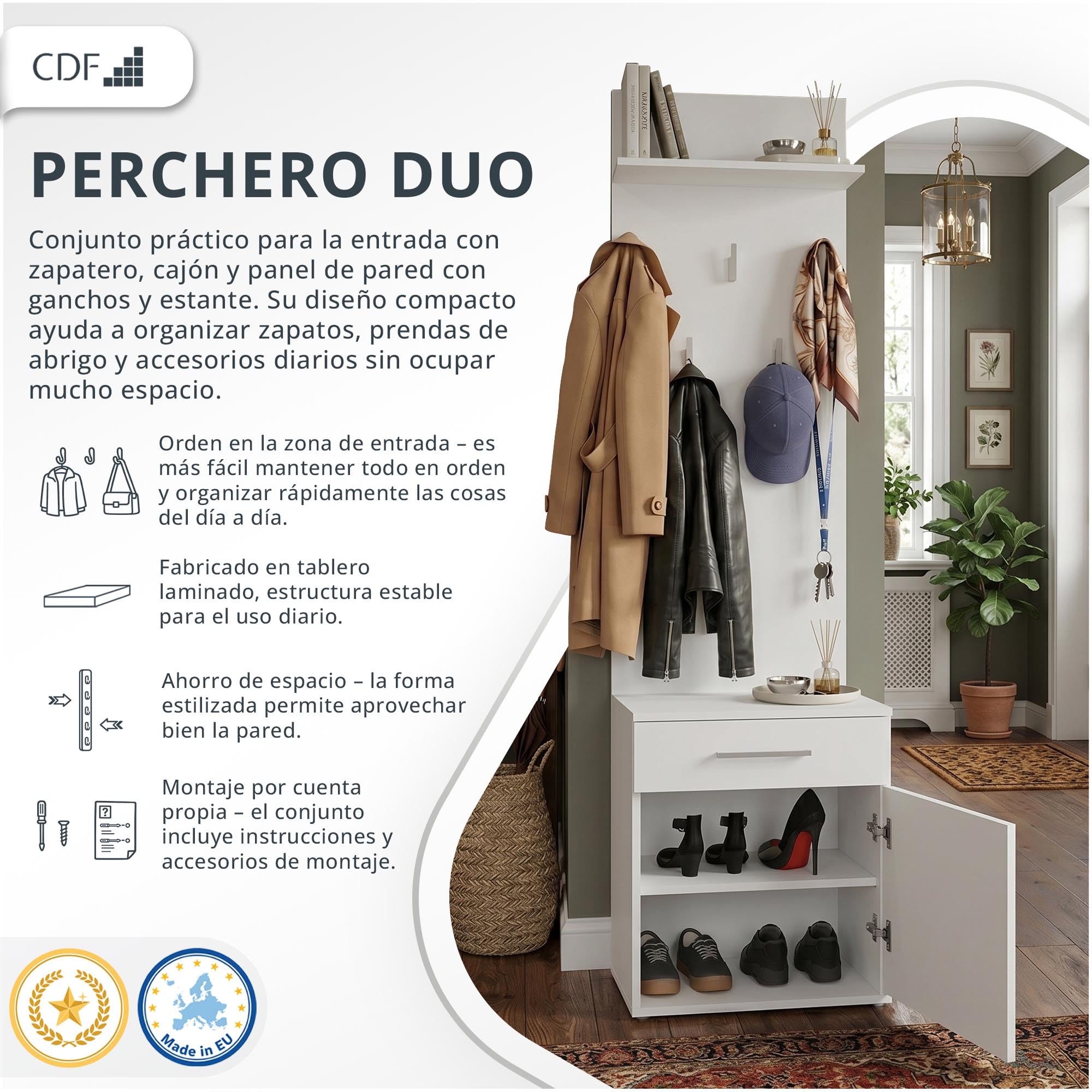 CDF Juego de Perchero Mueble Recibidor Zapatero de Entrada con y Panel 5 Ganchos Armario Entrada Conjunto de Armario/Perchero Mueble de entrad No es Necesario Hacer Agujeros Blanco