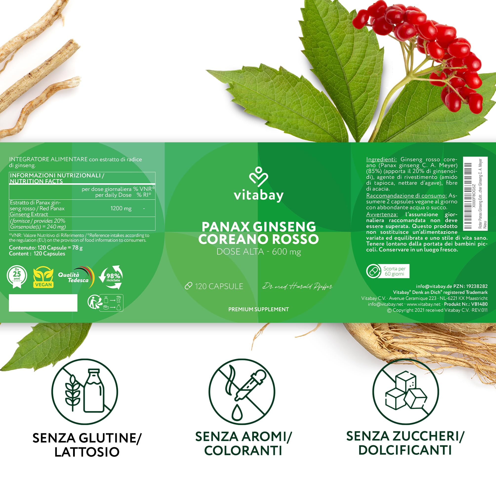 Vitabay Ginseng Rosso Panax 600 mg Estratto – 120 Capsule Vegane – Standardizzato al 20% Ginsenosidi – Vero Ginseng Coreano C.A. Meyer – Testato in Laboratorio in Germania – 2 Mesi