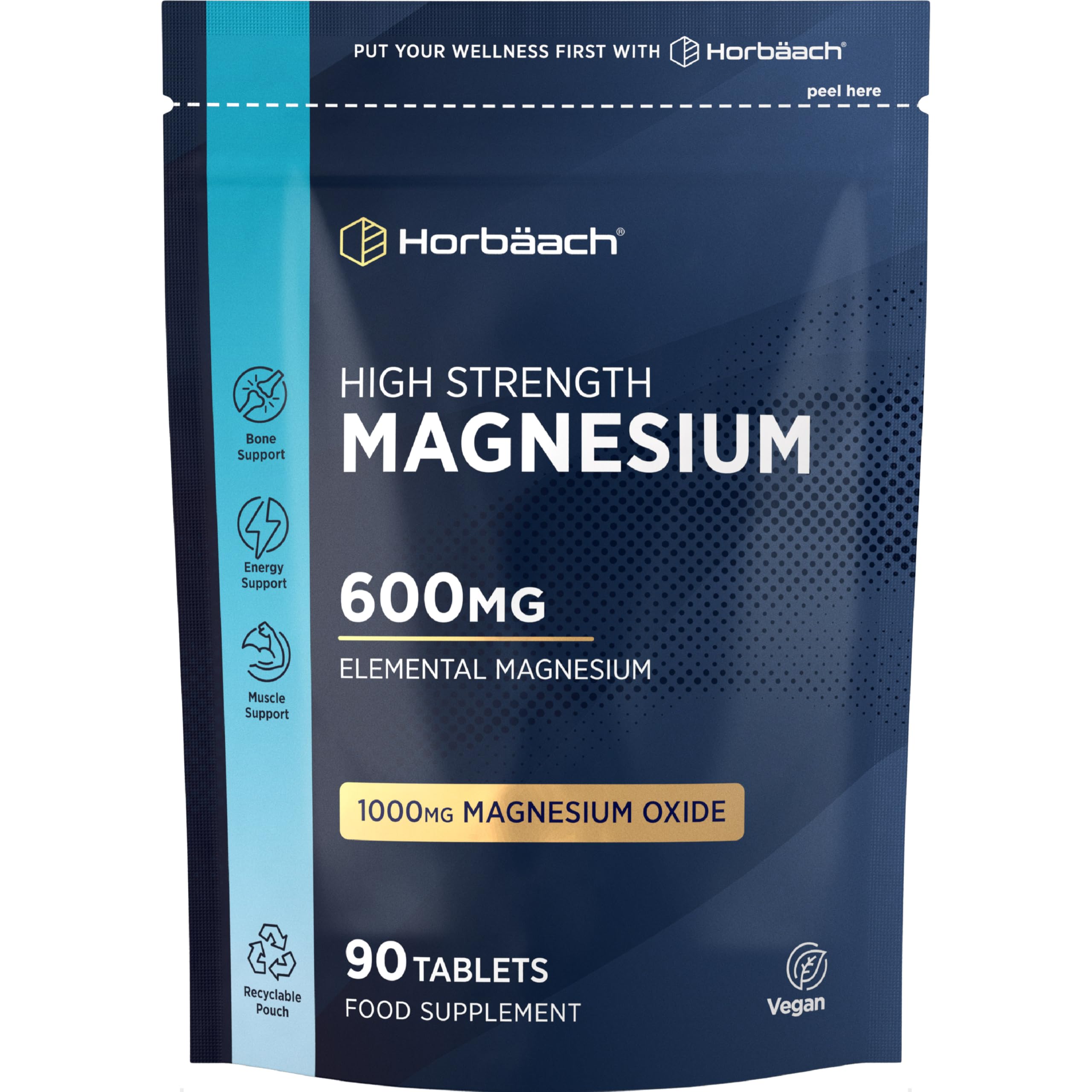 Magnesium Oxide Tablets 600mg | High Strength Elemental Magnesium Supplement | 1000mg Magnesium Oxide | for Men & Women | 90 Vegan Tablets | Horbaach
