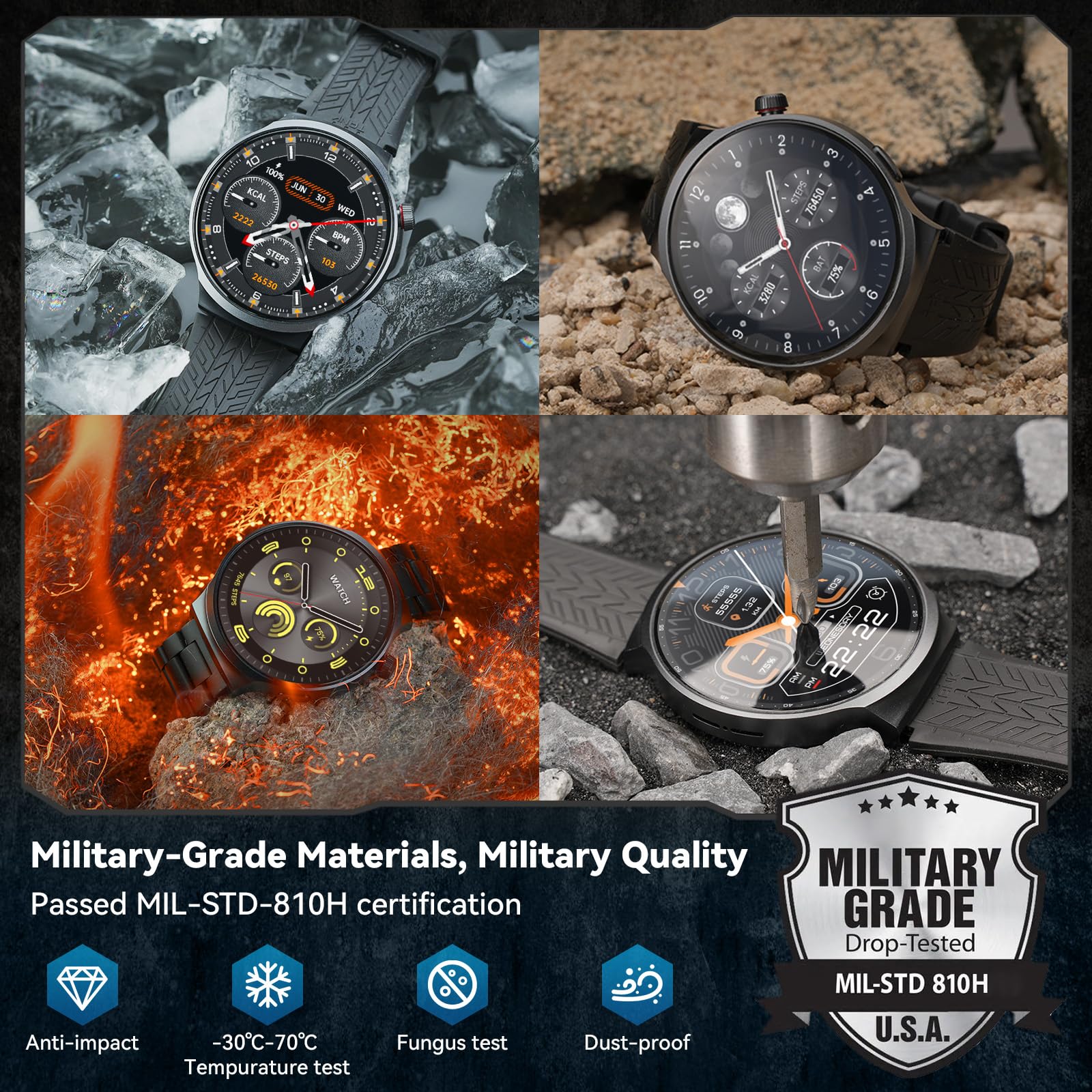 AMAZTIM Smart Watch for Men, 1.85" Ultra-Large Display, 120 Days Extra-Long Battery, Military-Grade Materials, Answer/Dial Calls, 100+ Sports Modes, 24/7 Heart Rate & Sleep Monitor, for Android & iOS