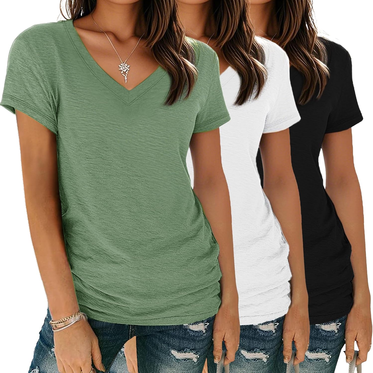 Women's Basic T Shirts Pack V Neck Short Sleeve Tees Loose Fit Tshirts Summer Casual Fashion Soft Tee Tops S-XXL