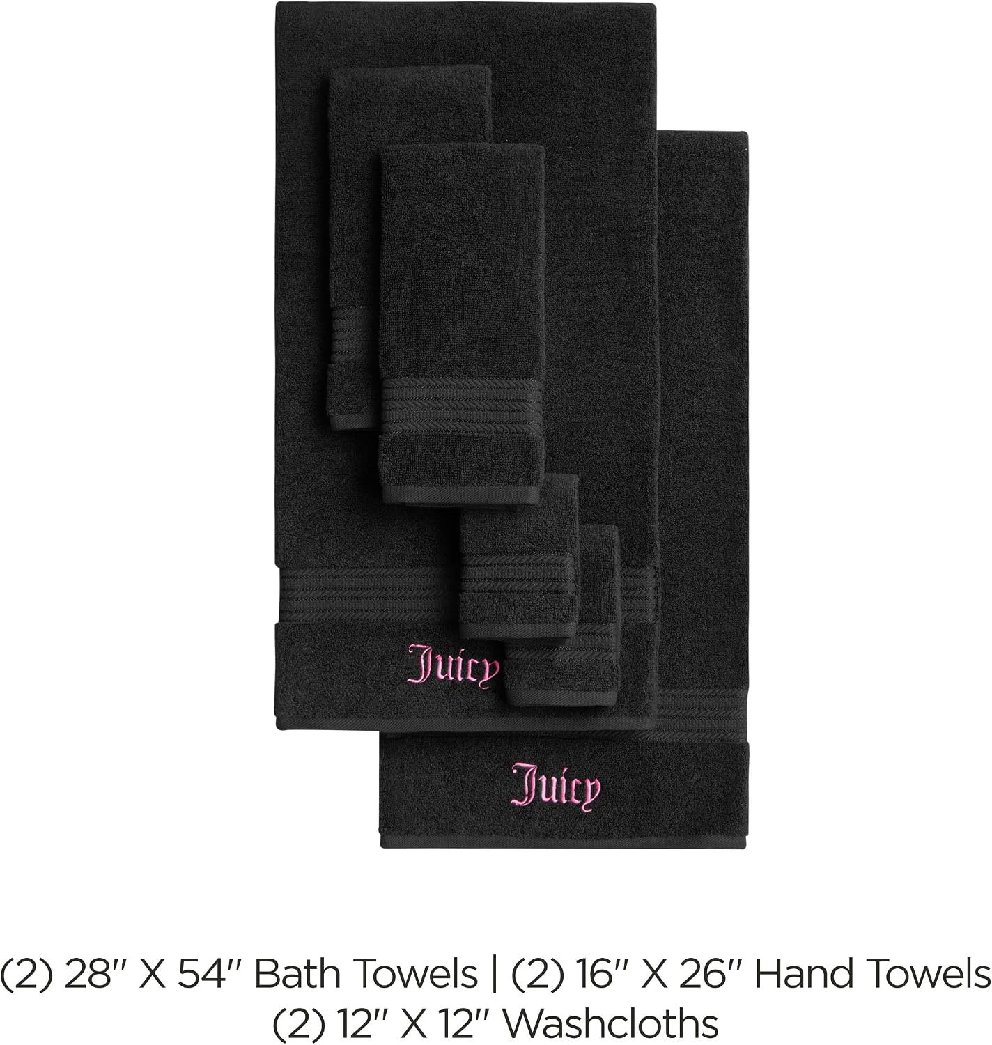 Juicy Couture Alyssa Luxurious 6 Piece Bath Towel Set - (2) Bath Towels, (2) Hand Towels, and (2) Washcloths - Black Premium Bathroom Towel Set