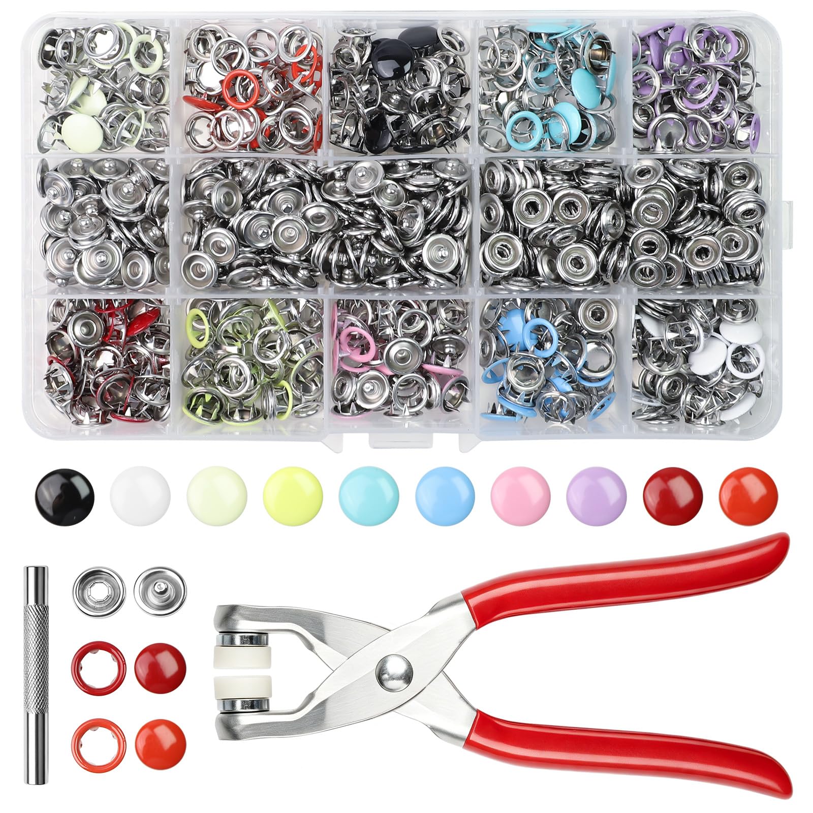 200 Metall Druckknopf Set, 10 Farben Nähfreies Knopf Set | Farbig | Ohne Nähen | Hohl und Vollausführung | Druckknöpfe Set für DIY-Kleidung, Jeans und Taschen