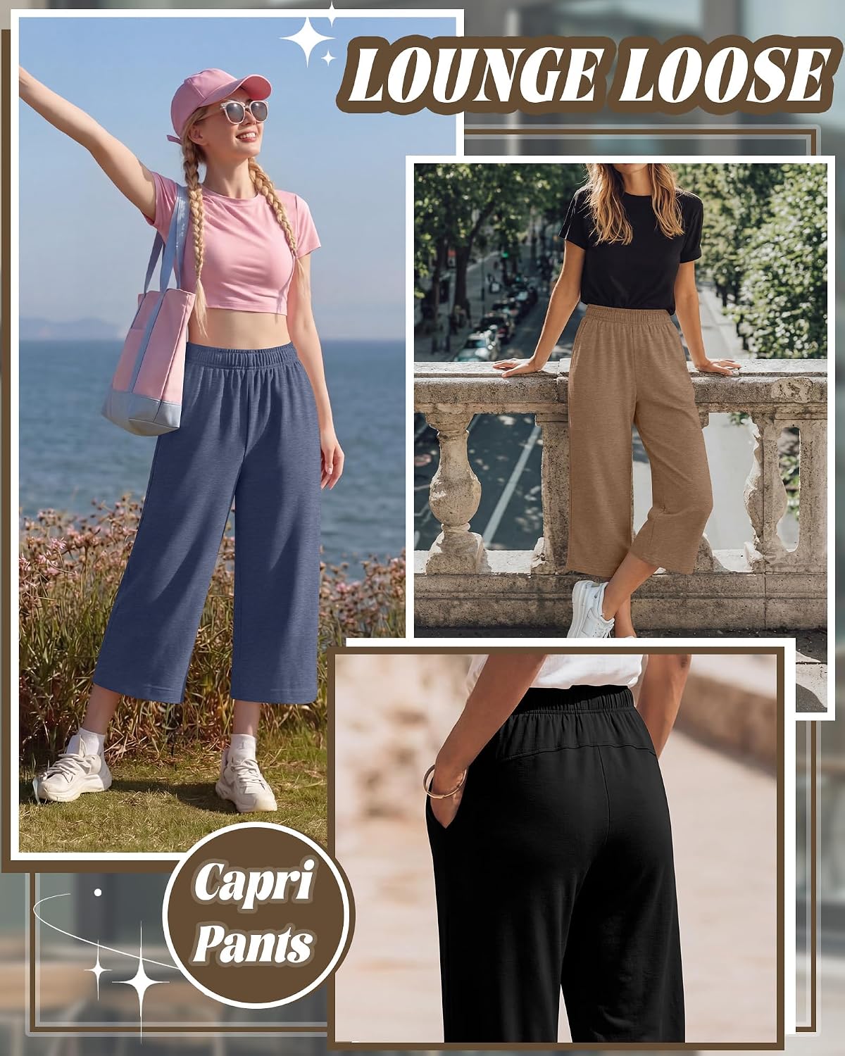 3 Pack Women's Capri Pants Wide Leg Yoga Sweatpants Casual Loose Summer Lounge Workout Cropped Jogger with Pockets