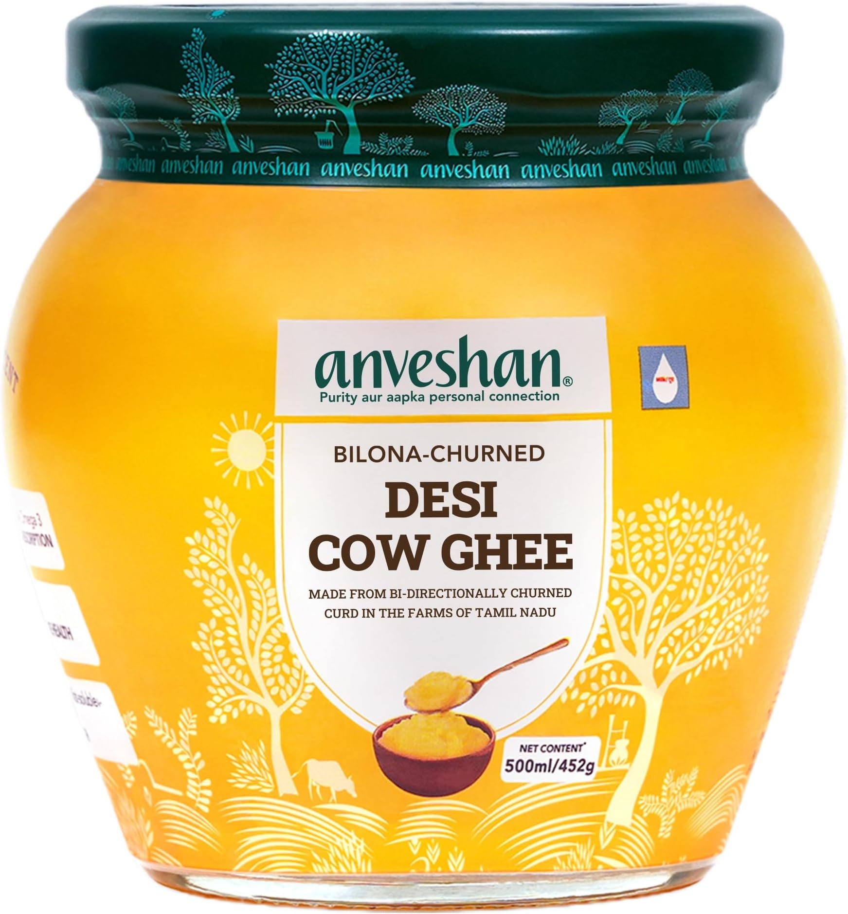 Anveshan A2 Cow Ghee 500ML | Desi Ghee in Glass Jar | Bilona Method | Grass-Fed | Curd-Churned | Cultured Ghee | Pure, Natural, Healthy | Keto-Friendly | Lab Tested