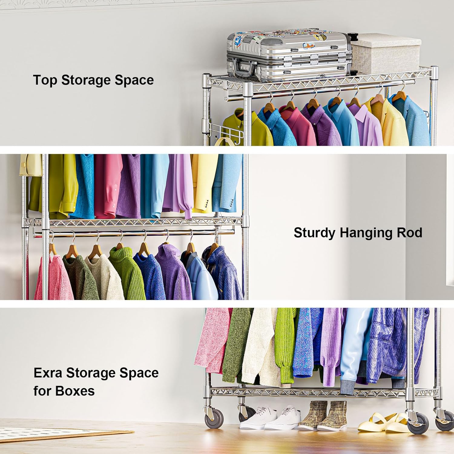 M MZG Heavy Duty Rolling Garment Rack 3 Tiers Adjustable Wire Shelving Clothes Rack with 2 Rods and Side Hooks,Storage Closet Clothing Rack with Wheels Chrome 15.7 D x 45.3 W x 79.6 H