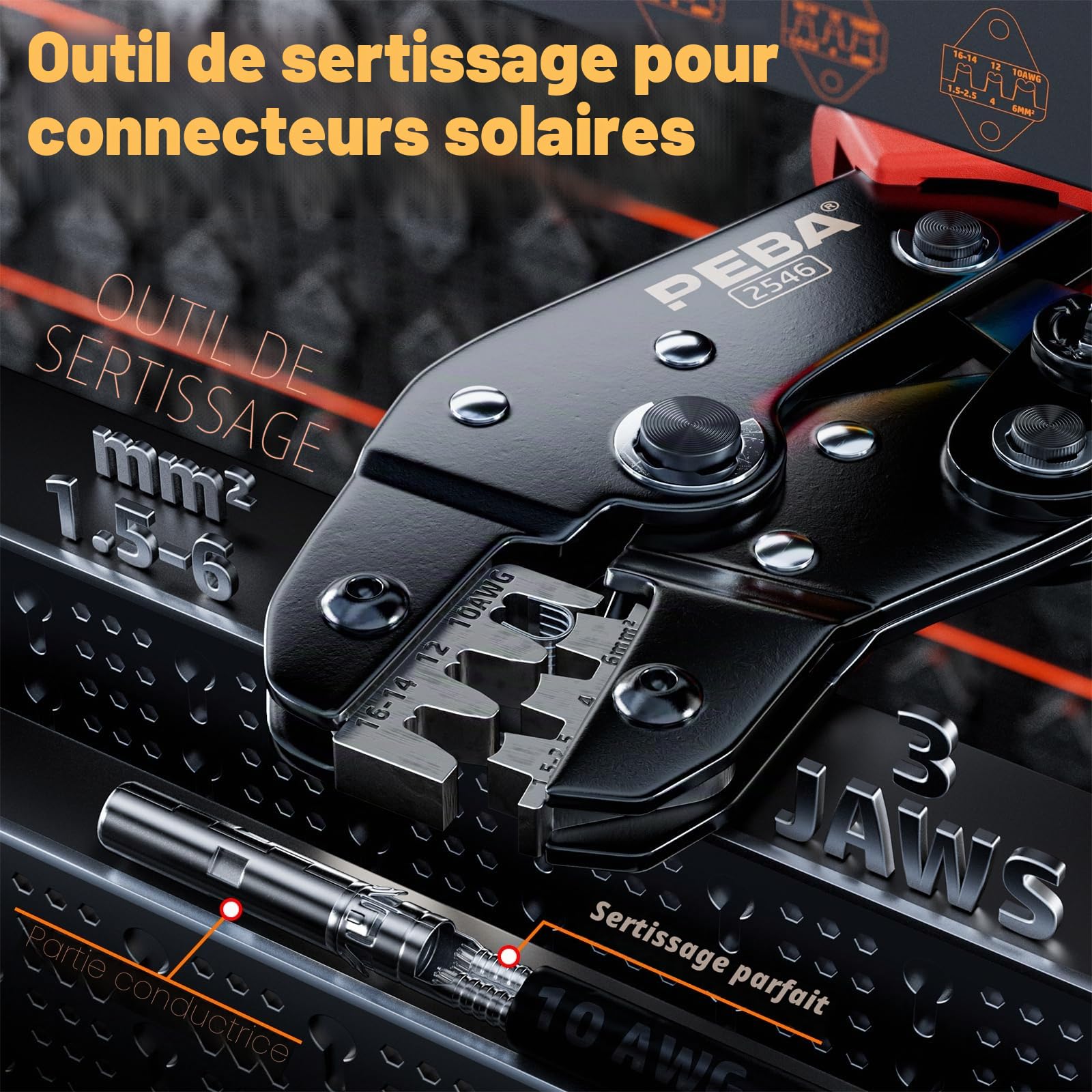 PEBA Pince à Sertir Solaire pour câble PV de 1,5-2,5/4/6 mm² Connecteurs Panneau Solaire, avec 6 paires Solaire Connecteurs, Outils de Sertissage Connecteurs Solaires - Solar PV Crimp Tool Kit