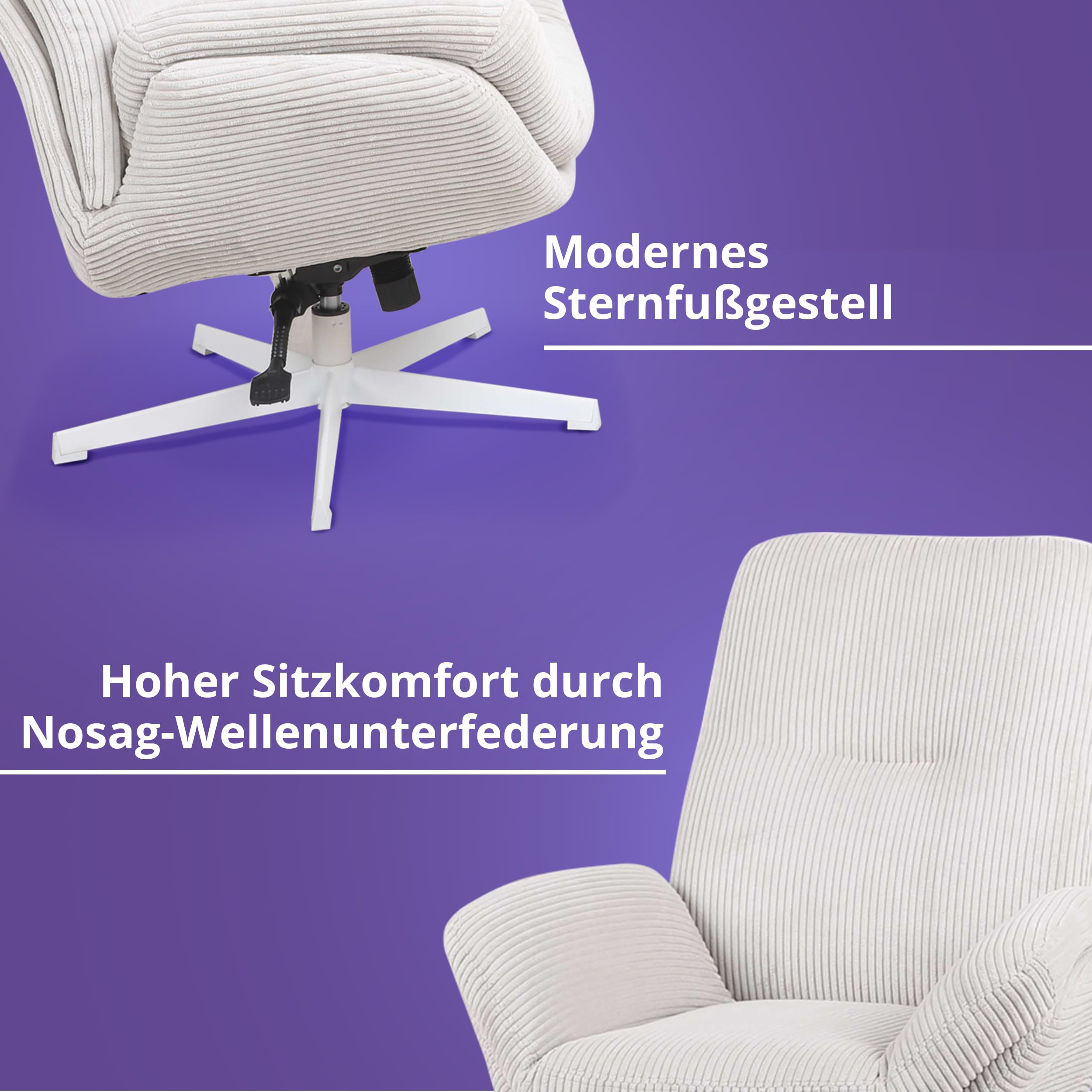 KHG Fauteuil de relaxation avec repose-pieds, couleur crème, pivotant et réglable