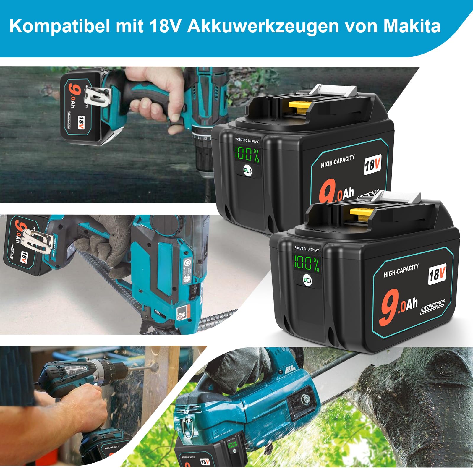 QUPERR 2er-Pack 18V 9,0Ah Akku kompatibel mit Makita 18V Werkzeuge | Mit LED-Ladeanzeige, hoher 9,0Ah Kapazität und Mehrfachschutz für längere Laufzeit und zuverlässige Leistung