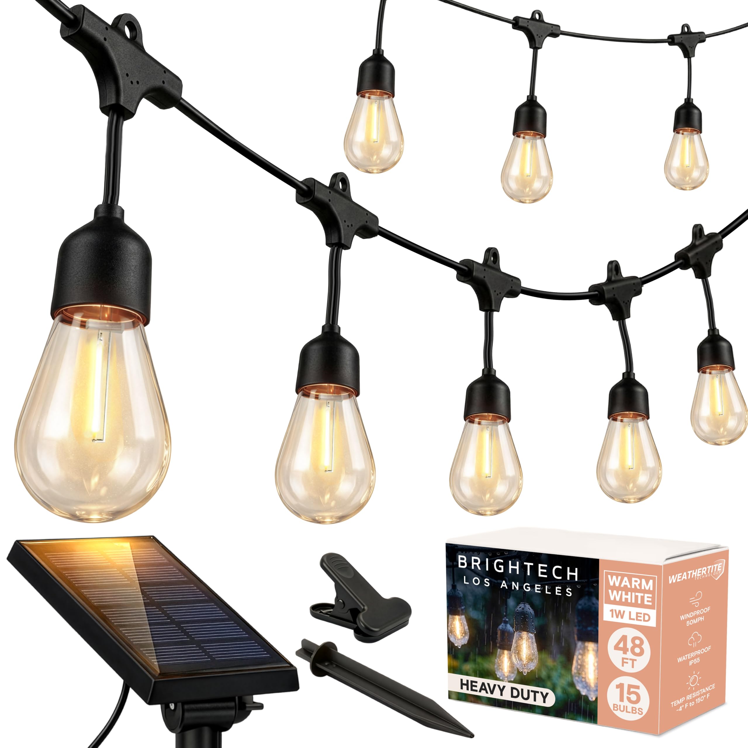 Brightech Ambience Pro - Waterproof, Solar Powered Outdoor String Lights - 48 Ft Hanging Edison Bulbs Create Bistro Ambience On Your Patio - Commercial Grade, Shatterproof - 1W LED, Warm White Light