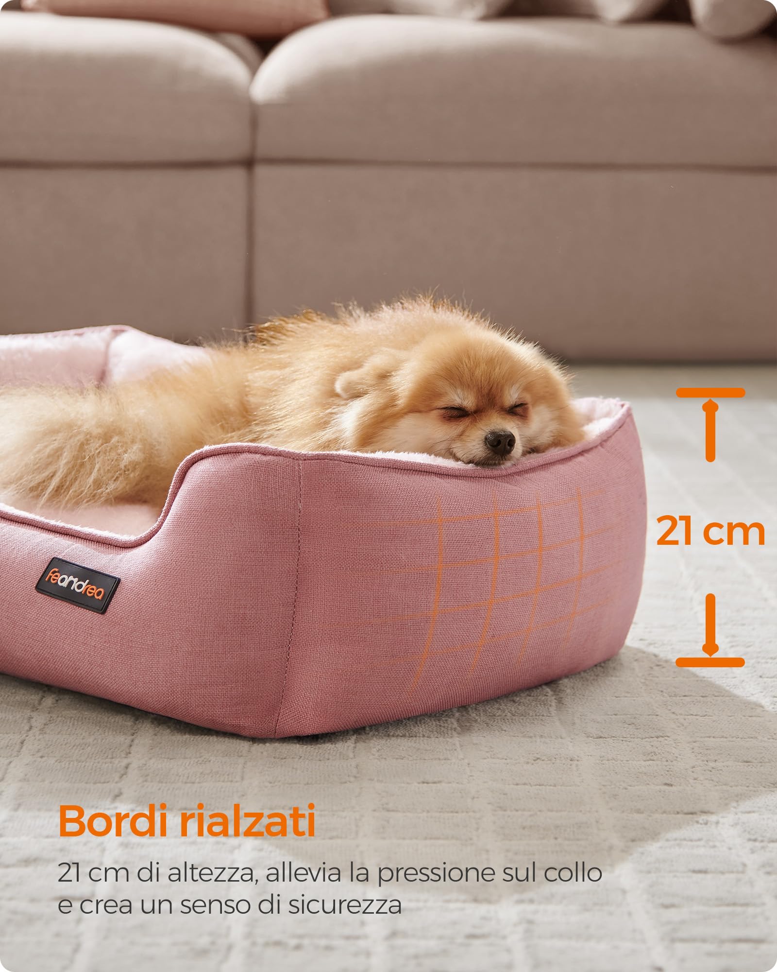 Feandrea Cuccia per Cani, Lettino per Animali in Simil Lino, Bordi Rialzati, Fondo Antiscivolo, Copertura Sfoderabile per Lavaggio, M per Cane Piccolo, 70 x 55 x 21 cm, Rosa Gelatina PGW010R01