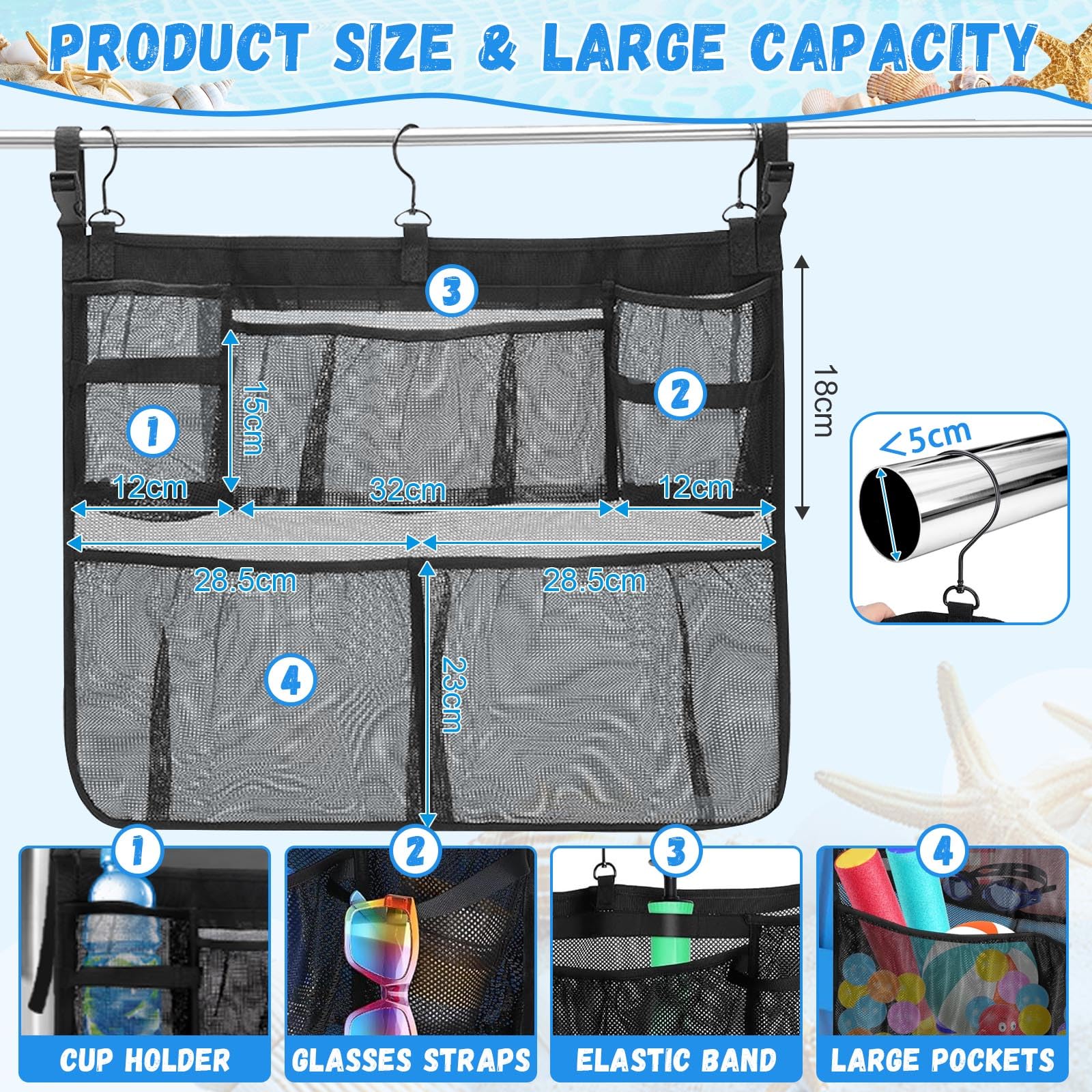 Panier de Rangement de Piscine, Sac Pochette en Maille Réglable au Bord de Piscine avec 5 Poches, Organisateur Accessoire de Piscine, Convient à 5 cm Moins Rail Supérieur, Noir