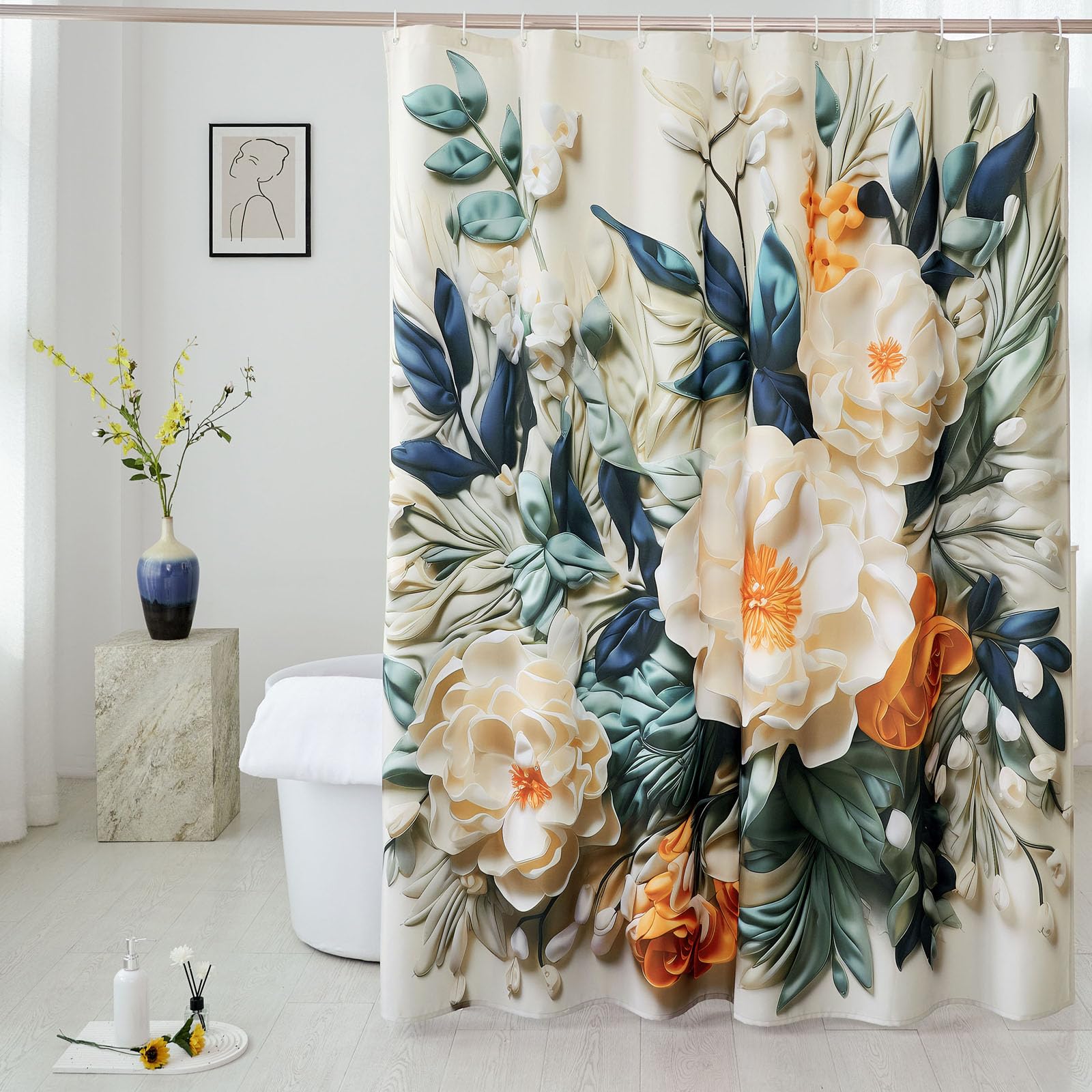 MACOFE Elegant Botanical Shower Curtain, Cream & Teal with Orange Floral Design Fabric Bathroom Decor, Waterproof & Washable Shower Curtain Set with Hooks, 72x72 Inches