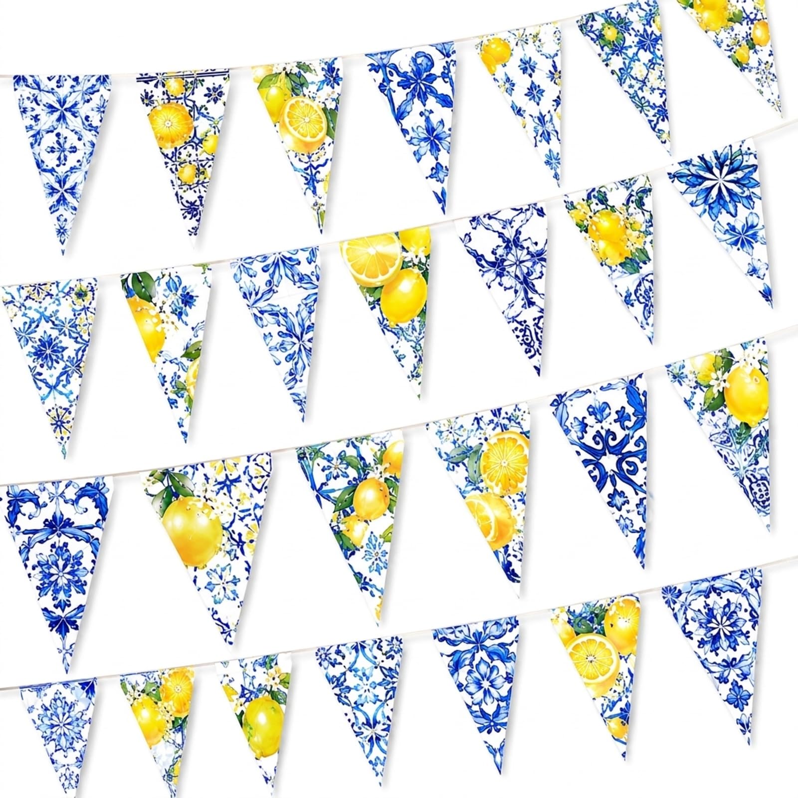 5 PCS Lemon Triangle Pennant Banner – Blue Tile Party Decorations – 15 m Summer Theme Bunting – Indoor and Outdoor Event Supplies