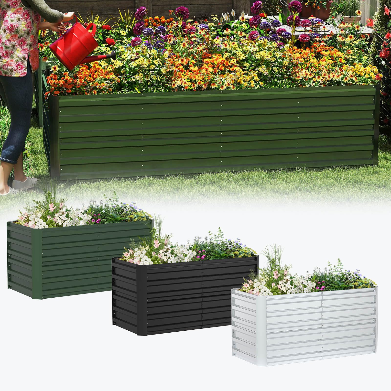 AufuN Jardinera de acero galvanizado, 240 x 120 x 58 cm, rectangular, de metal, acero inoxidable, resistente a la intemperie y a la intemperie, para verduras, hierbas y flores, jardinera para jardín