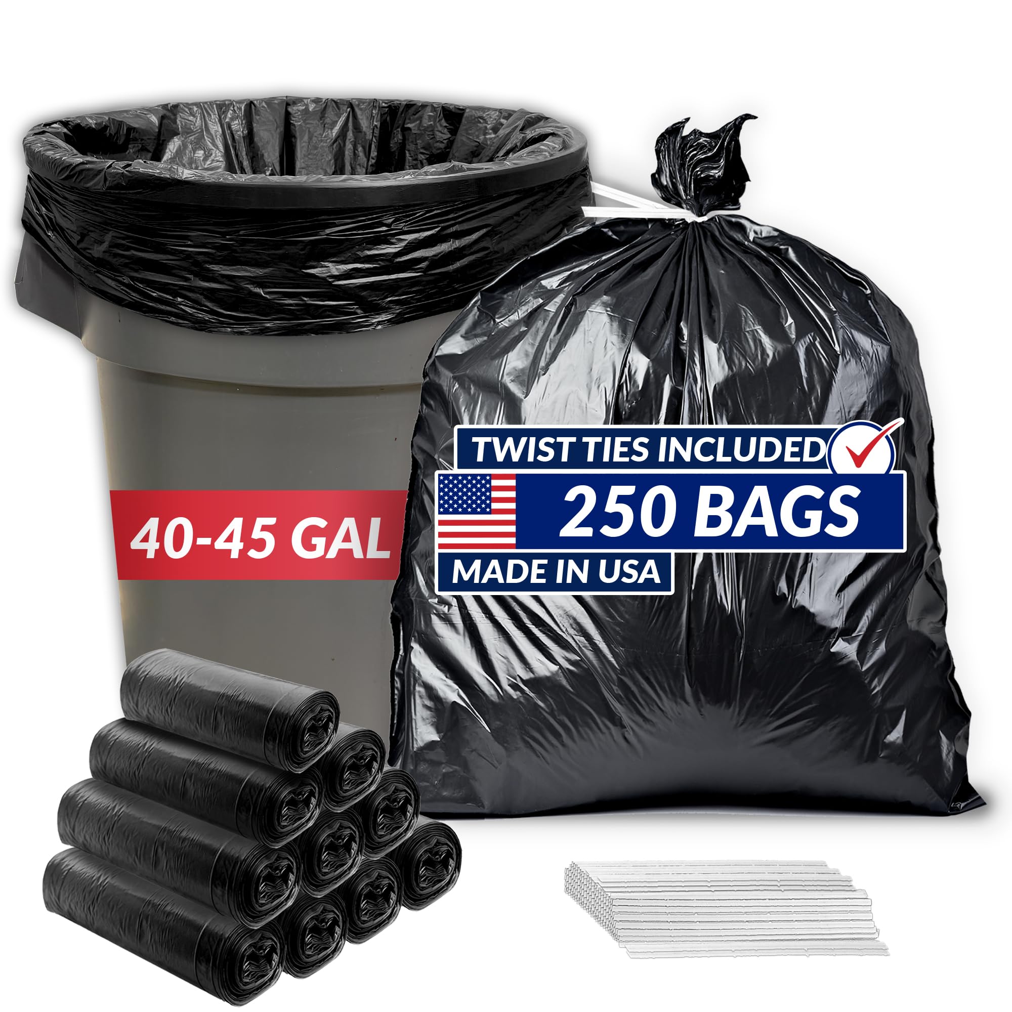 Reli. Bolsas de basura resistentes de 40 a 45 galones, 250 bolsas, bolsas de basura negras grandes, 39, 40, 42, 45 galones, fabricadas en Estados Unidos