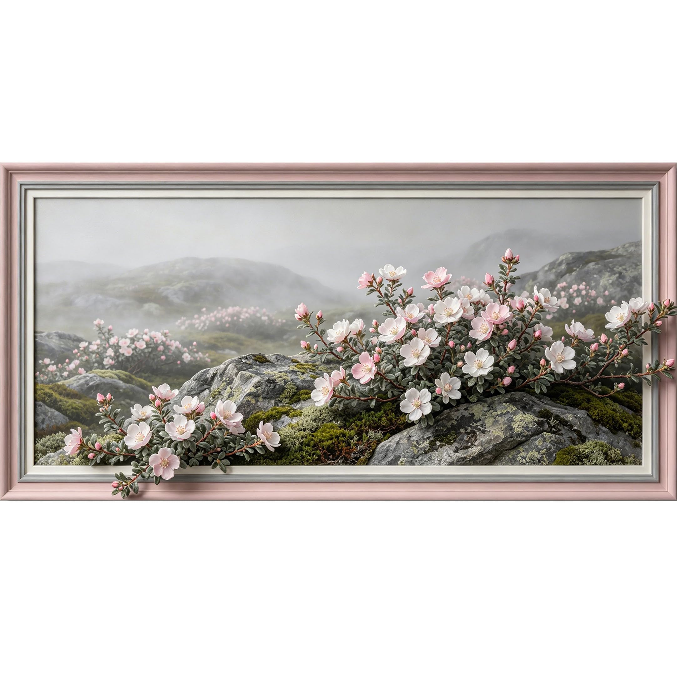 Agglomerix 3D Framed Wall Art Pink Wildflower Rock Mist Landscape Botanical Oil Painting Large Size SelfAdhesive Removable Wall Decor Prints Artwork for Living Room Bedroom Office