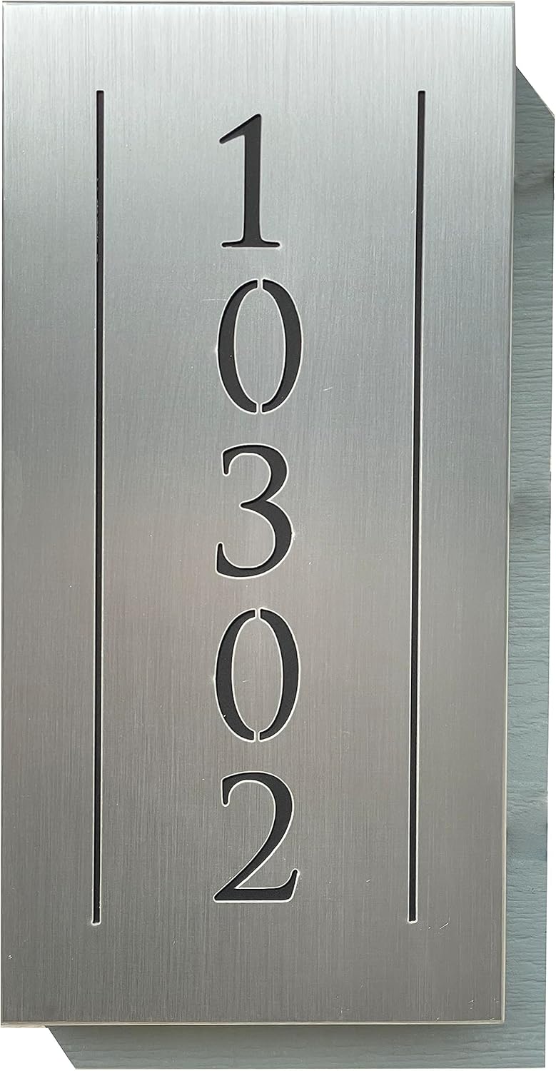 Sassy Squirrel Ink Personalized Illuminated Aluminum House Sign - Integrated Lighting - Dawn to Dusk Sensor - Street Address Numbers - Reflective - Optional Solar Panel Add-On - Silver - Vertical