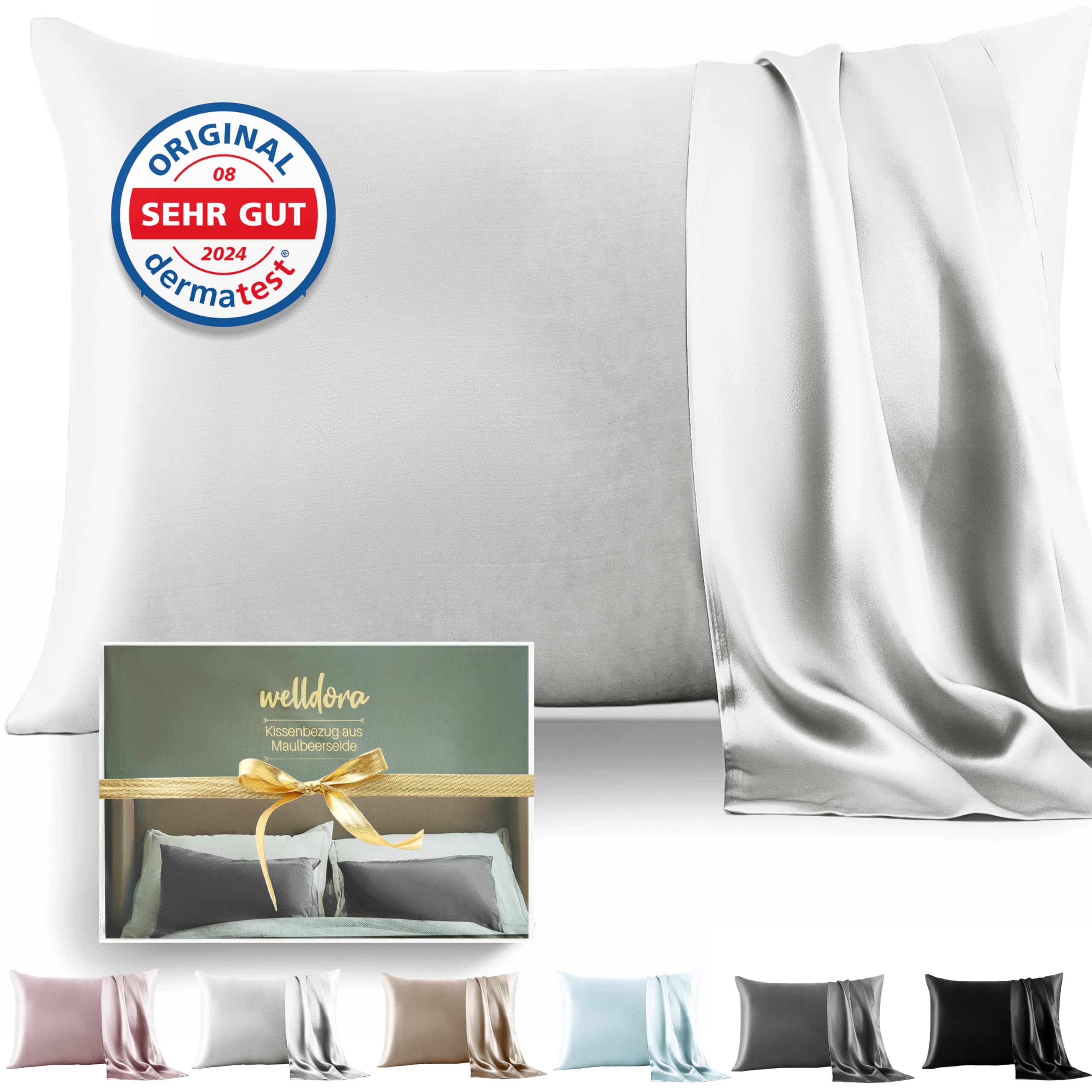 Welldora Kissenbezug 100% Seide 40x80 | Hohes Gewicht 22 Momme, ideal für Haut und Haar | Höchste Güteklasse 6A | Oeko-Tex zert. in der Schweiz | Seidenkissenbezug Silk Pillowcase Elfenbeinweiss