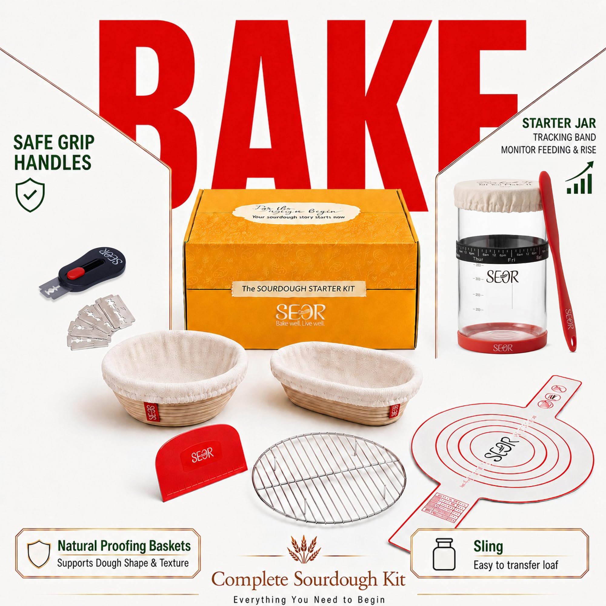 Premium Sauerteig-Brot Starter Kit, perfekte Brotwerkzeuge aus Sauerteig, Gärglas für Anfänger und 2 Körbe