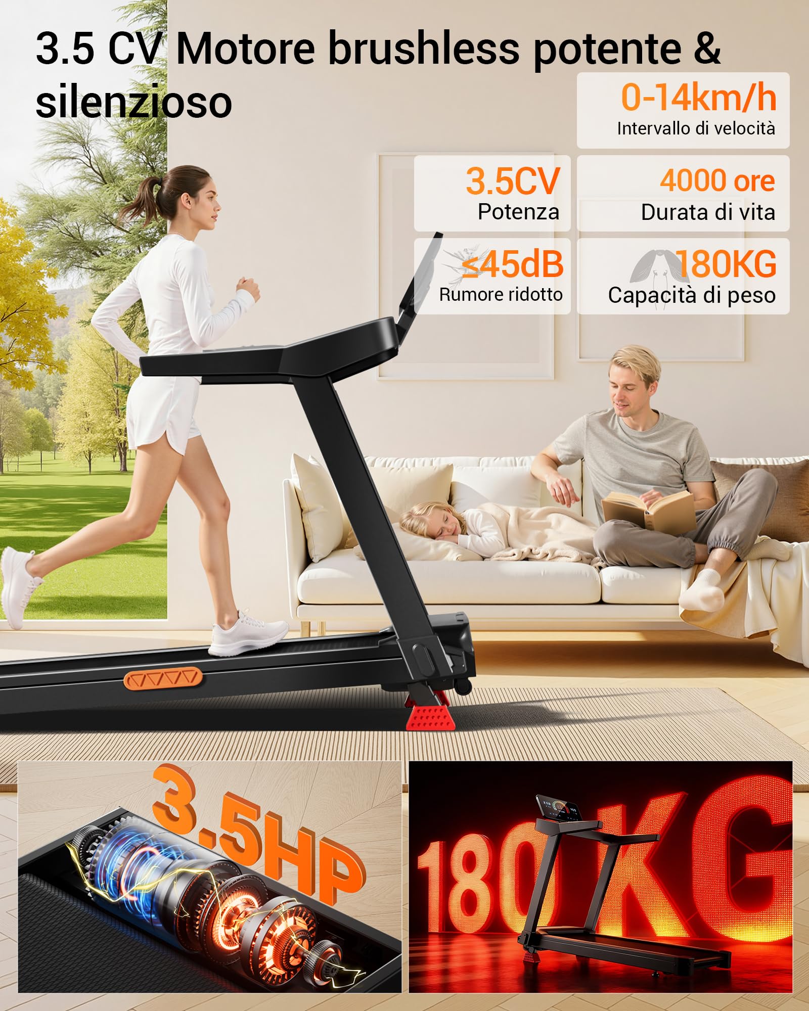 UMAY Tapis Roulant Salvaspazio con 16% Pendenza, 14KM/H Tapis Roulant Elettrico Pieghevole con Cardiofrequenzimetro, Tapirulan da Casa 3.5HP con Display LED, Carico massimo di 180 kg