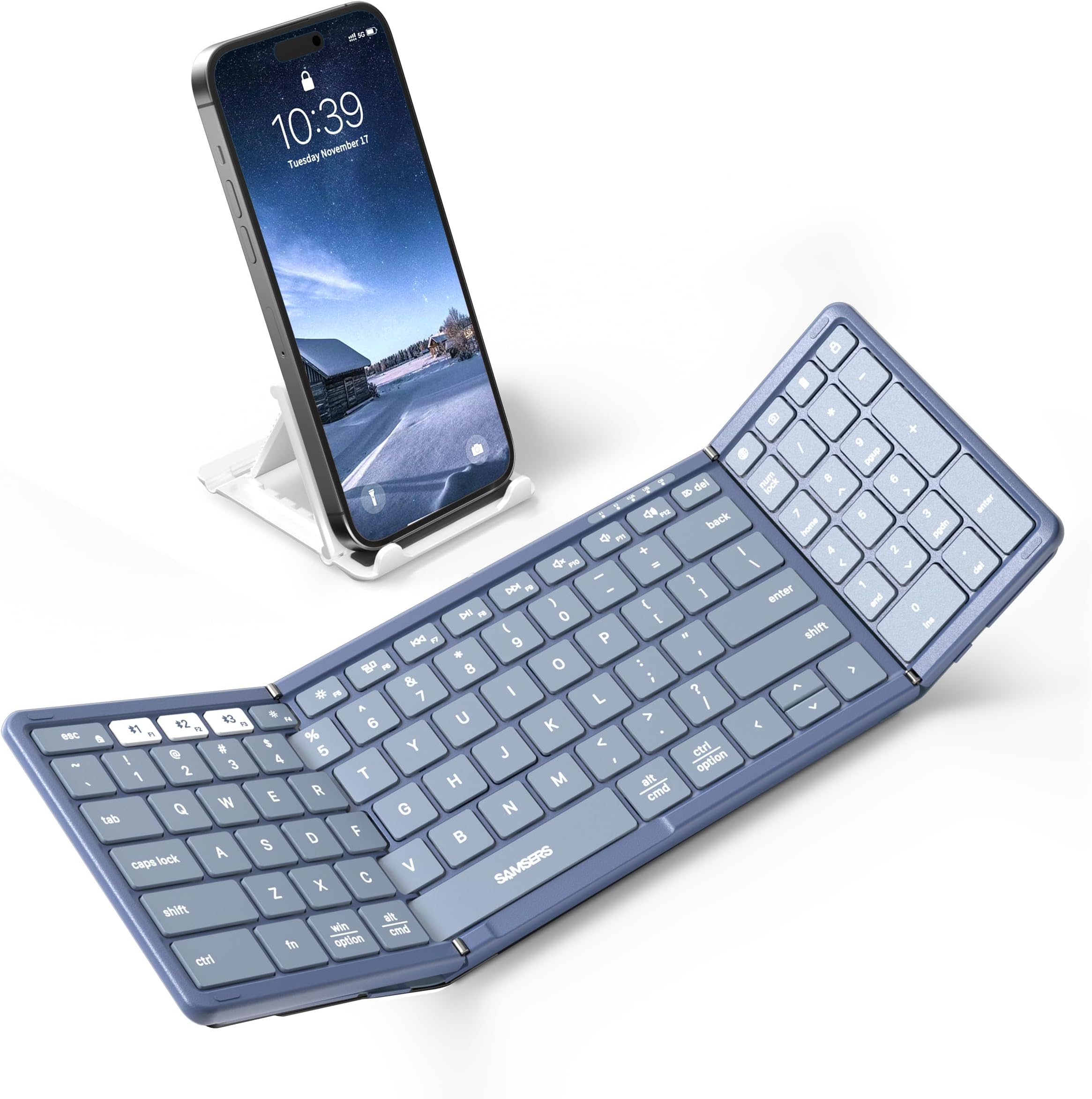 Foldable Bluetooth Keyboard with Numeric Keypad, Full-Size Wireless Folding PU Leather, Portable Travel for iOS Android Windows Mac OS, Support 3 Device(BT5.1 x 3) Blue