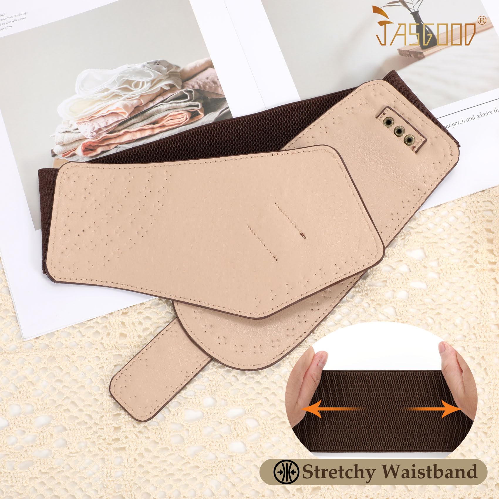 JasGood Damski pasek w stylu vintage, szeroki, elastyczny pasek, nity, stretch, pasek na karnawał,