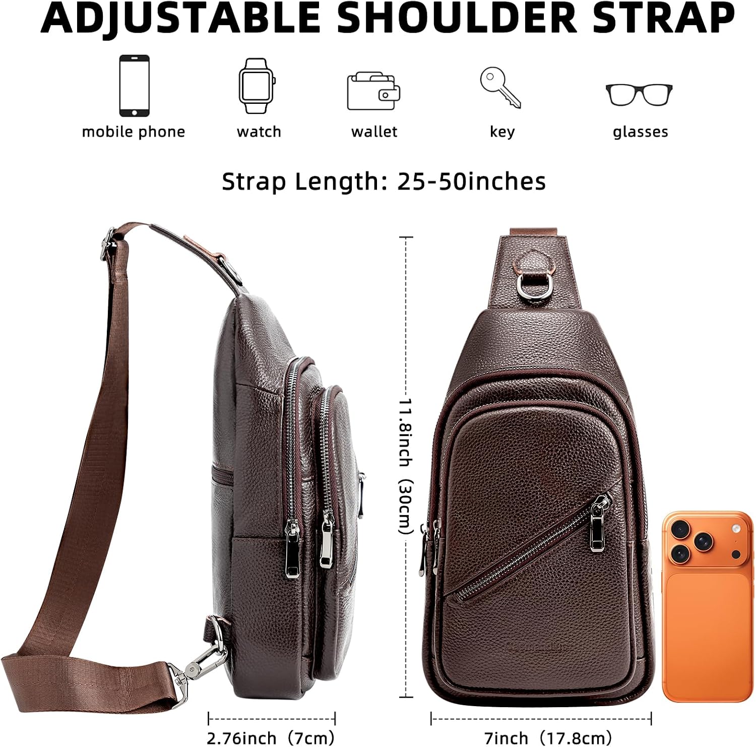 Leather Sling Bag Crossbody Bags for Men, Chest Pack for Daily Travel Leisure Sport（Black/Brown）