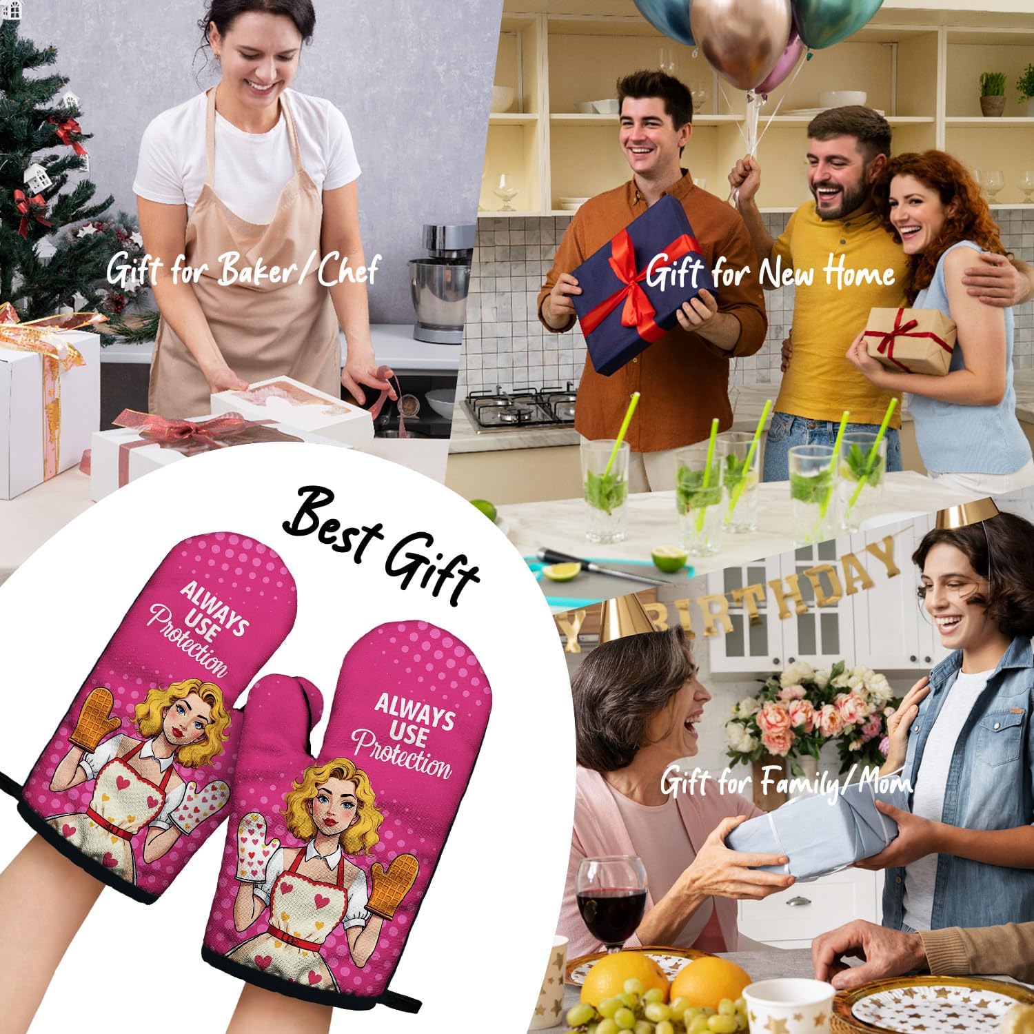 Always Use Protection Funny Pink Oven Mitts with Hanging Loop and Silicone Non-Slip, Housewife Baking Cooking Kitchen Utensils 2-Piece Set, Gifts for Bake Lover Mom Wife Sister BFF - Image 6