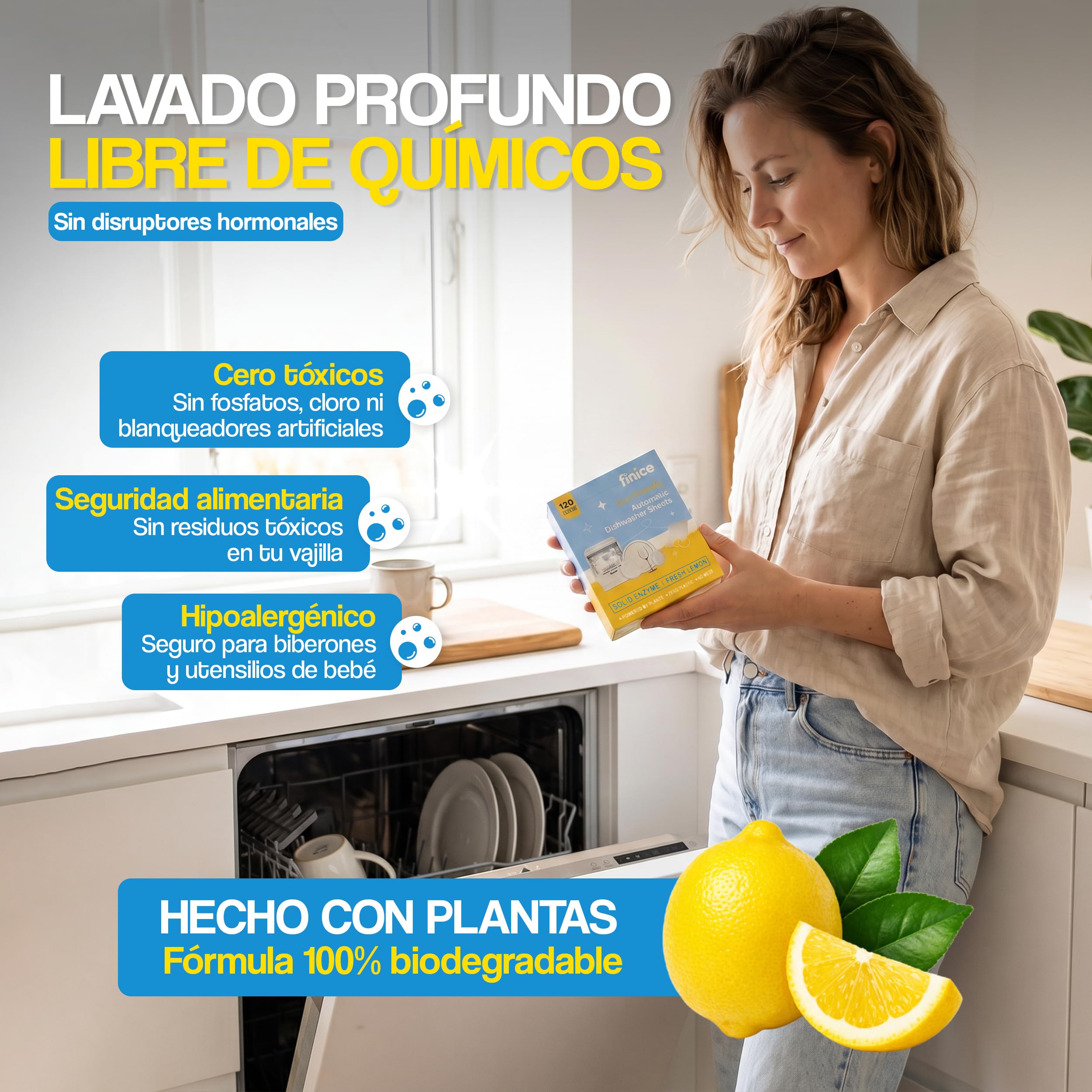 Jabón Lavavajillas Sin Disruptores Endocrinos Ecologico en Tiras |120 usos | Derivado de Plantas | Limpieza Profunda | Protección Cristal | Abrillantador Incorporado