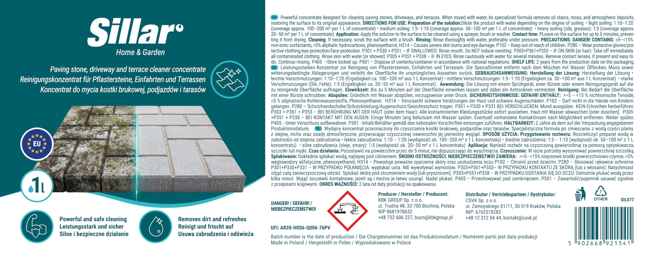 Sillar Koncentrat do Czyszczenia Kostki Brukowej 1 l, do Podjazdów i Tarasów, na Plamy Olejowe, Mech, Zielony Nalot i Brud, do Rozcieńczania, Opryskiwacz, Szczotka, Myjka Ciśnieniowa