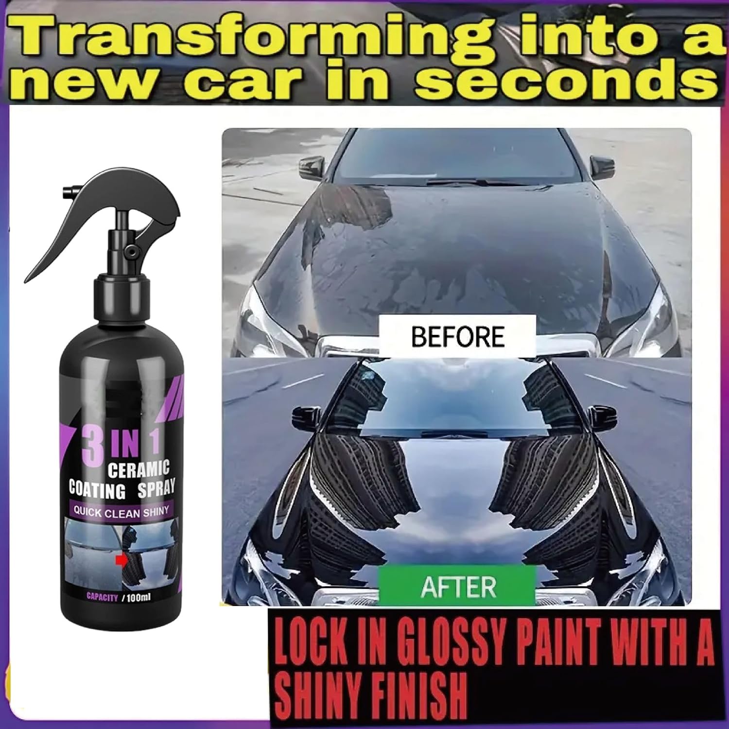 High Protection Fast Nano Ceramic Coating Spray,3 in 1 Ceramic Car Coating Spray, Multi Functional Coating Renewal Agent Spray, Car Scratch Nano Repair Sprays,Plastic Parts Refurbish Agent (1PC,100ML)