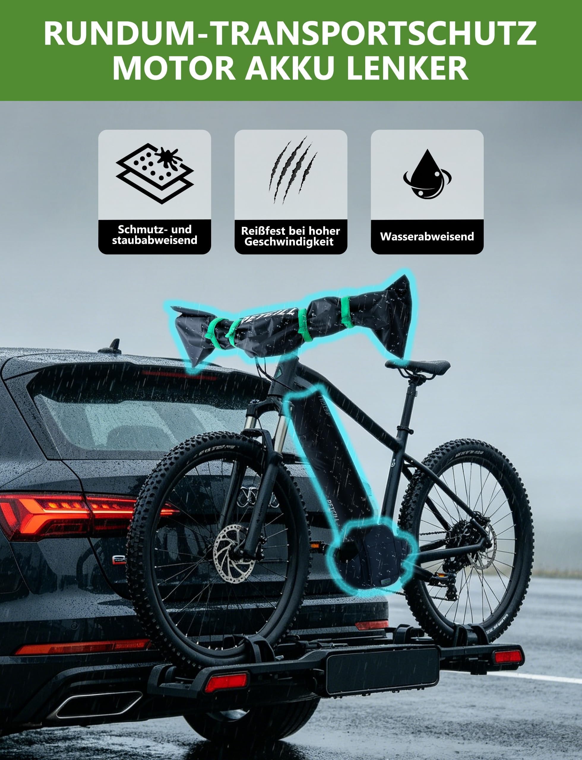 Set di 3 protezioni per il trasporto della bicicletta elettrica, per batteria, motore e manubrio, protezione elettronica, protegge da pioggia, spruzzi d'acqua e sporco, per tutti i veicoli