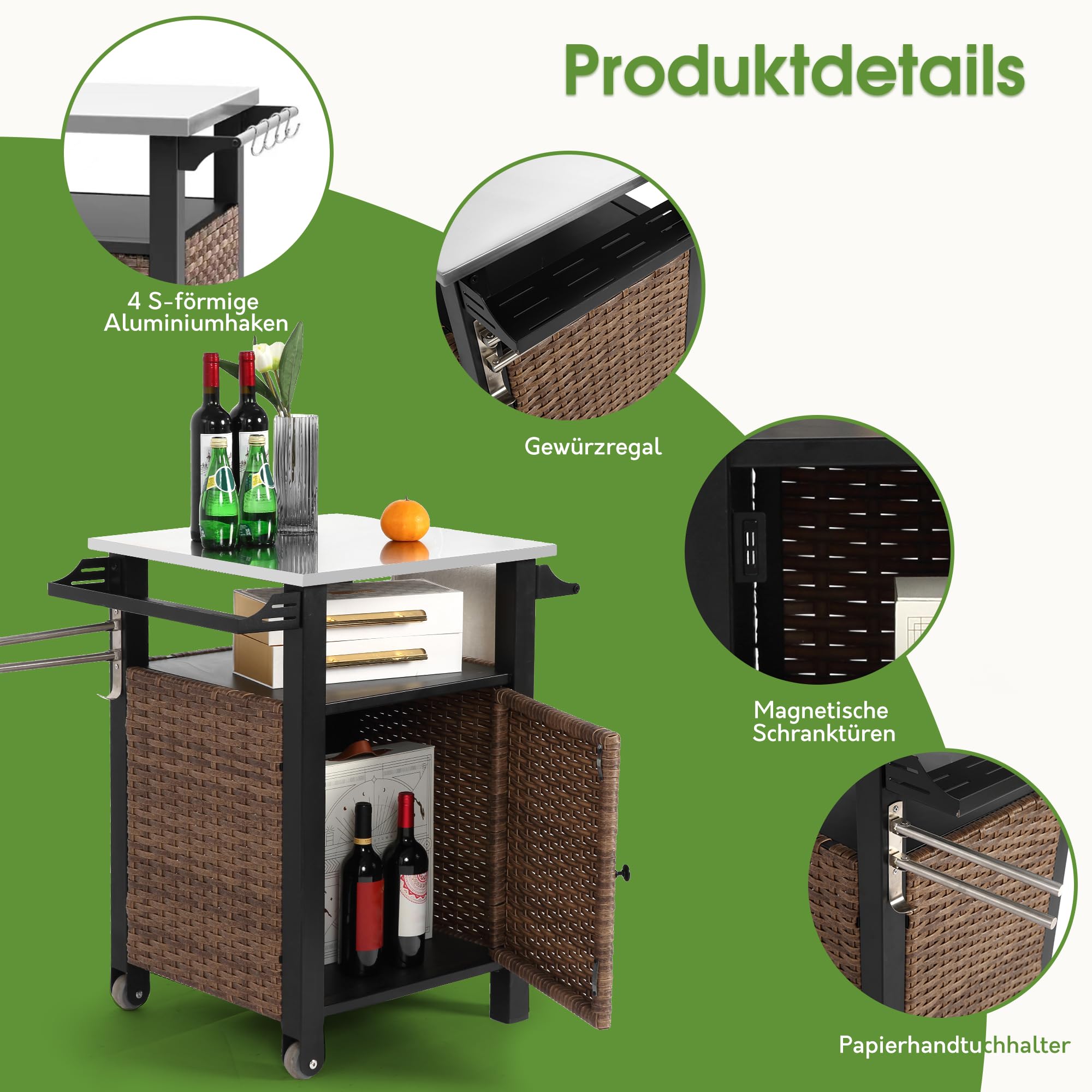 grillwagen aus Rattan, Grilltisch & Edelstahl Outdoor Servier-Bar-Tisch mit Haken und Rädern, für Poolseite, Terrasse, Wiese (Klein)