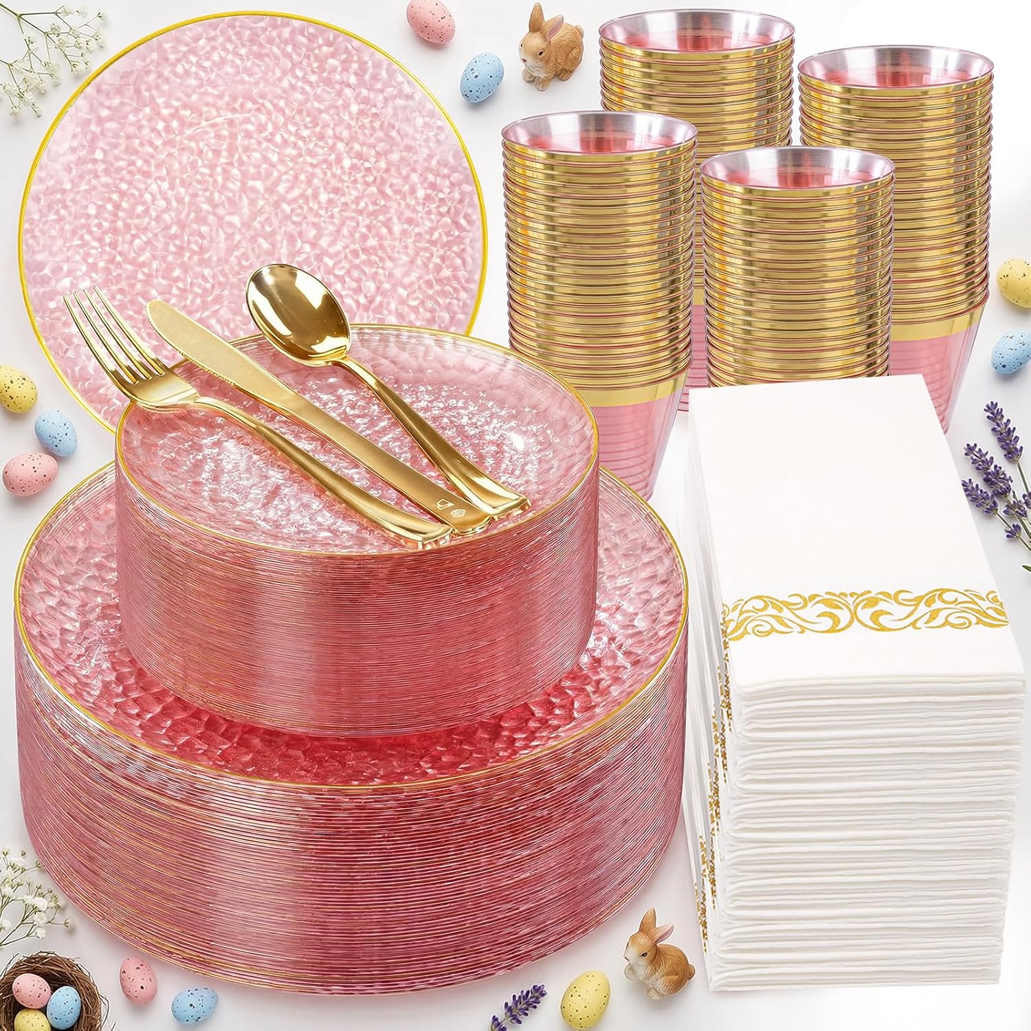 Rubtlamp 350 Pcs Clear Pink Plastic Plates, Pink Gold Plastic Dinnerware Set (50 Guests), Disposable Plates With Gold Rim, Hammered Party Plates Set for Wedding And Party