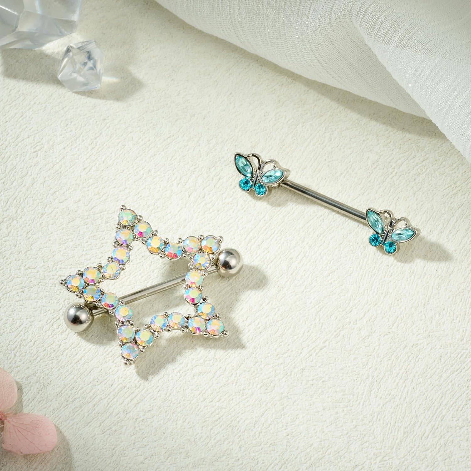 AceFun 5 Pairs 14G Nipple Rings Stainless Steel Heart Butterfly Bow Opal Flower CZ Stud Barbell Set Cute Nipplerings Shields Piercing Jewelry for Women Pink Blue Red Tone Body Jewelry - Image 4