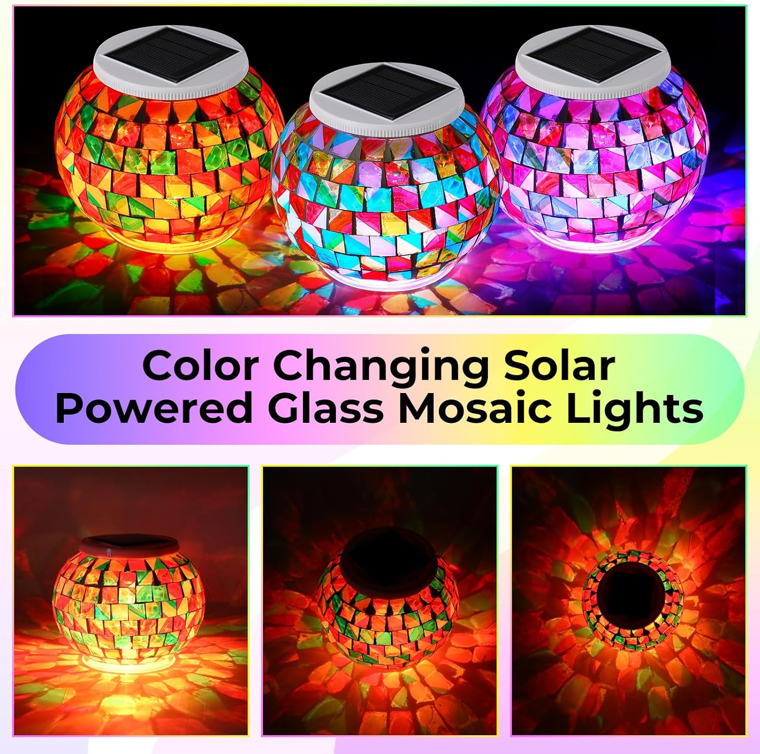 VIHOSE 4 Pcs Color Changing Mosaic Solar Lights Outdoor LED Ball Globe Garden Table Light Waterproof Solar Night Lamps for Christmas Patio Garden Party Yard